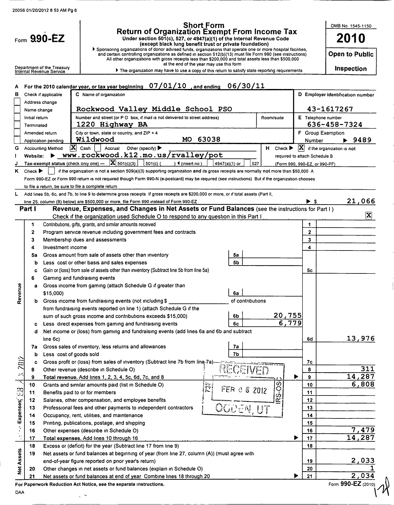 Image of first page of 2010 Form 990EZ for Rockwood Parent Teacher Organization Council / Valley Parent Staff