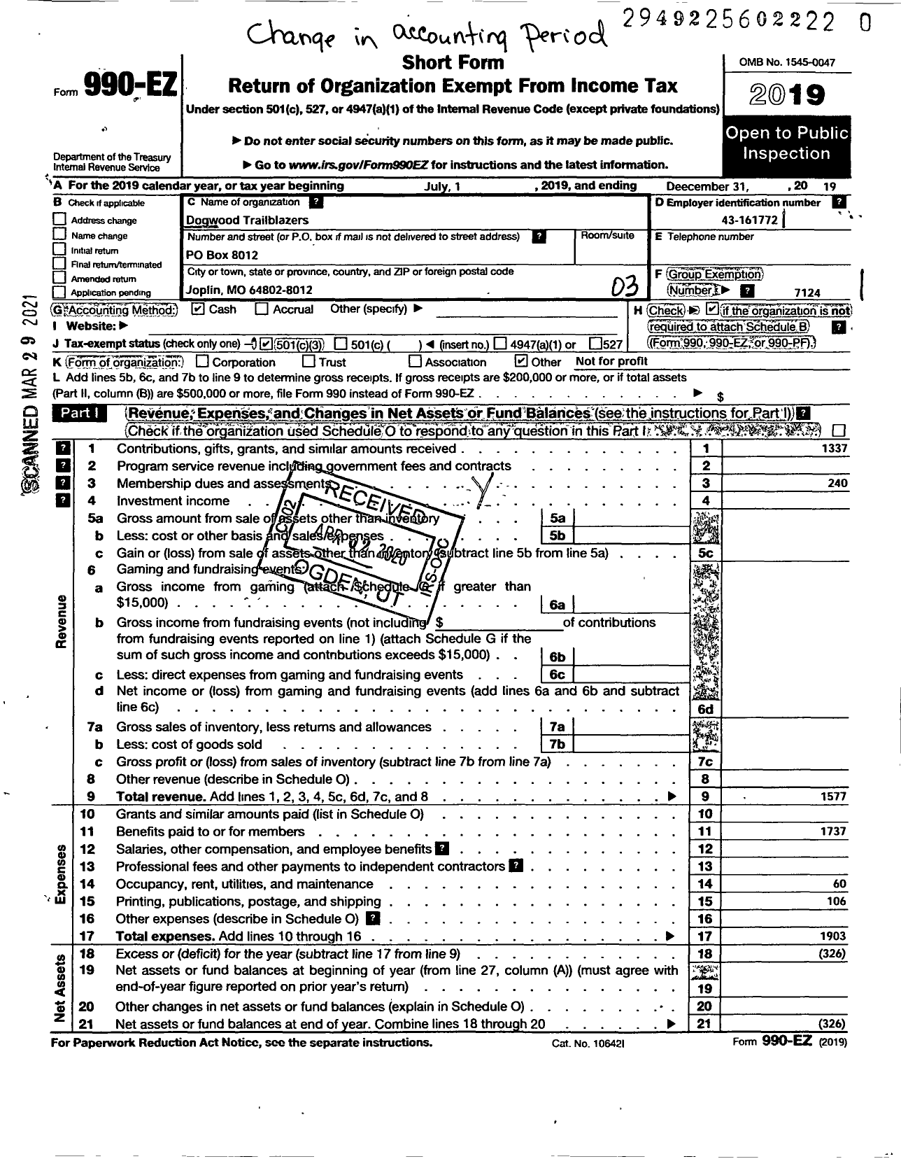 Image of first page of 2019 Form 990EZ for American Volkssport Association - 765 Dogwood Trailblazers