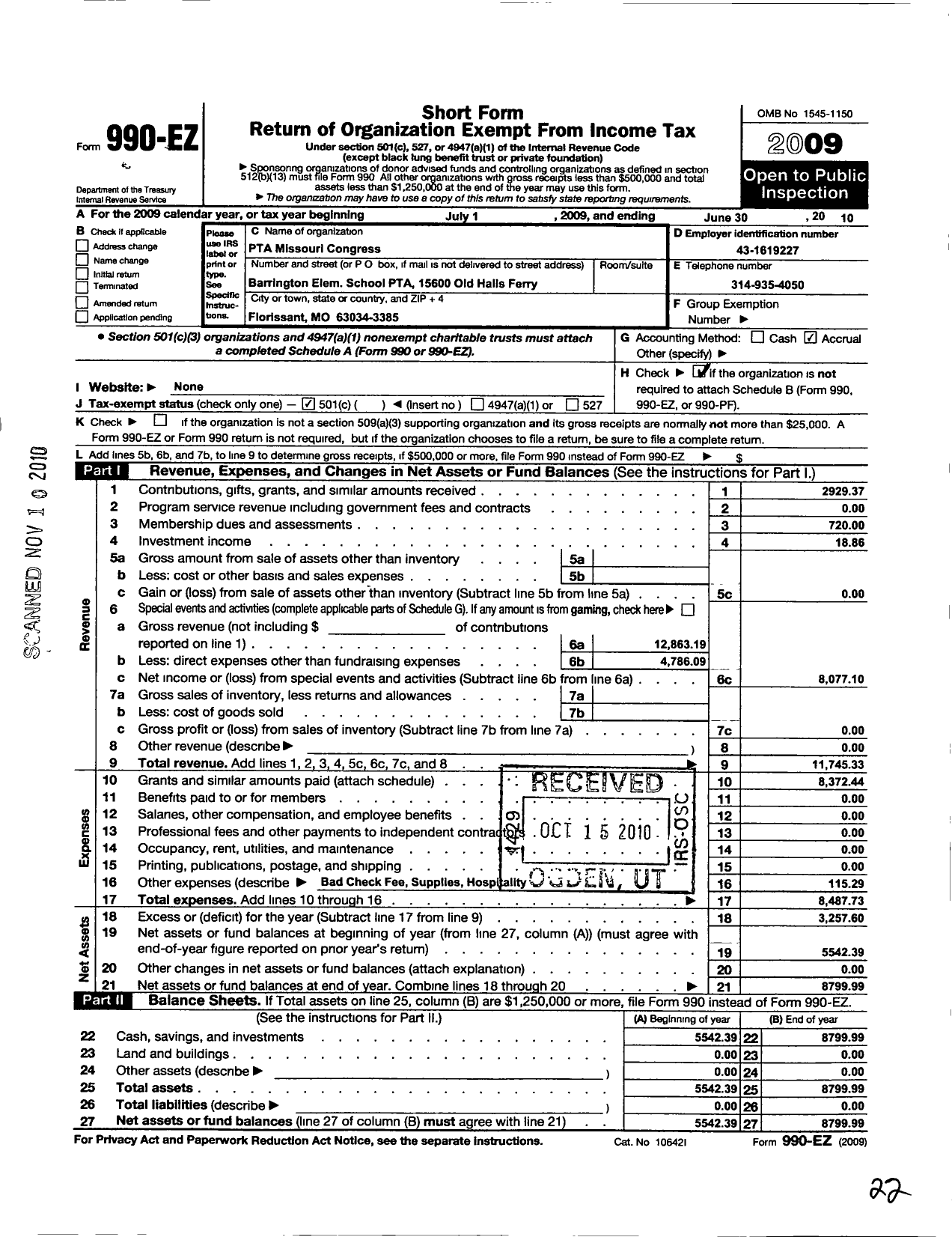 Image of first page of 2009 Form 990EO for PTA Missouri Congress / Barrington Elementary School PTA