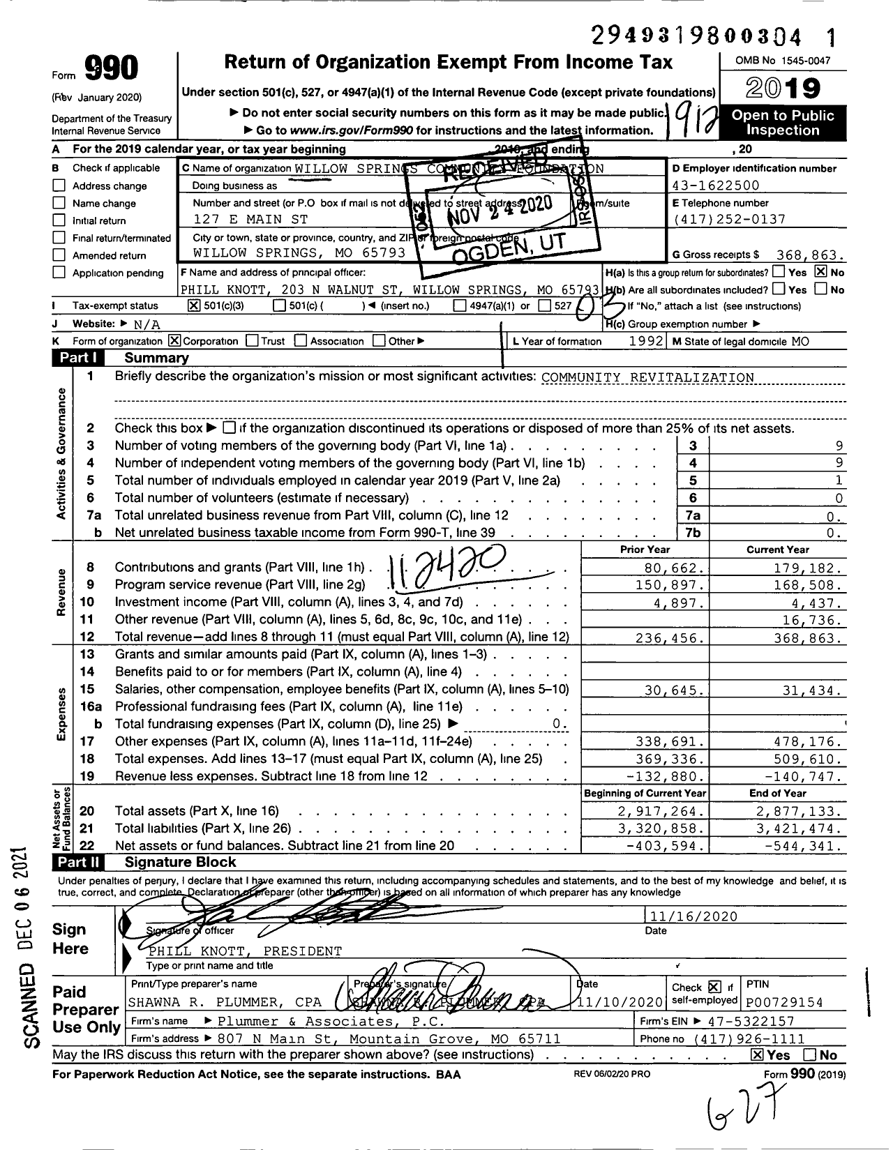 Image of first page of 2019 Form 990 for Willow Springs Community Foundation