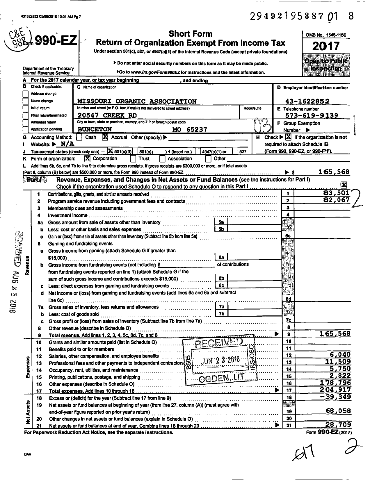 Image of first page of 2017 Form 990EZ for Missouri Organic Association
