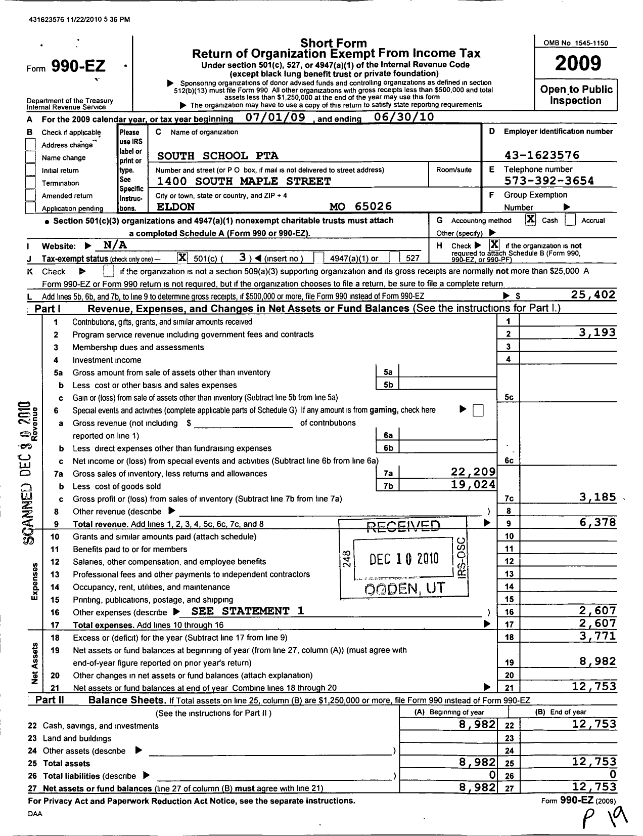 Image of first page of 2009 Form 990EZ for Eldon Pto