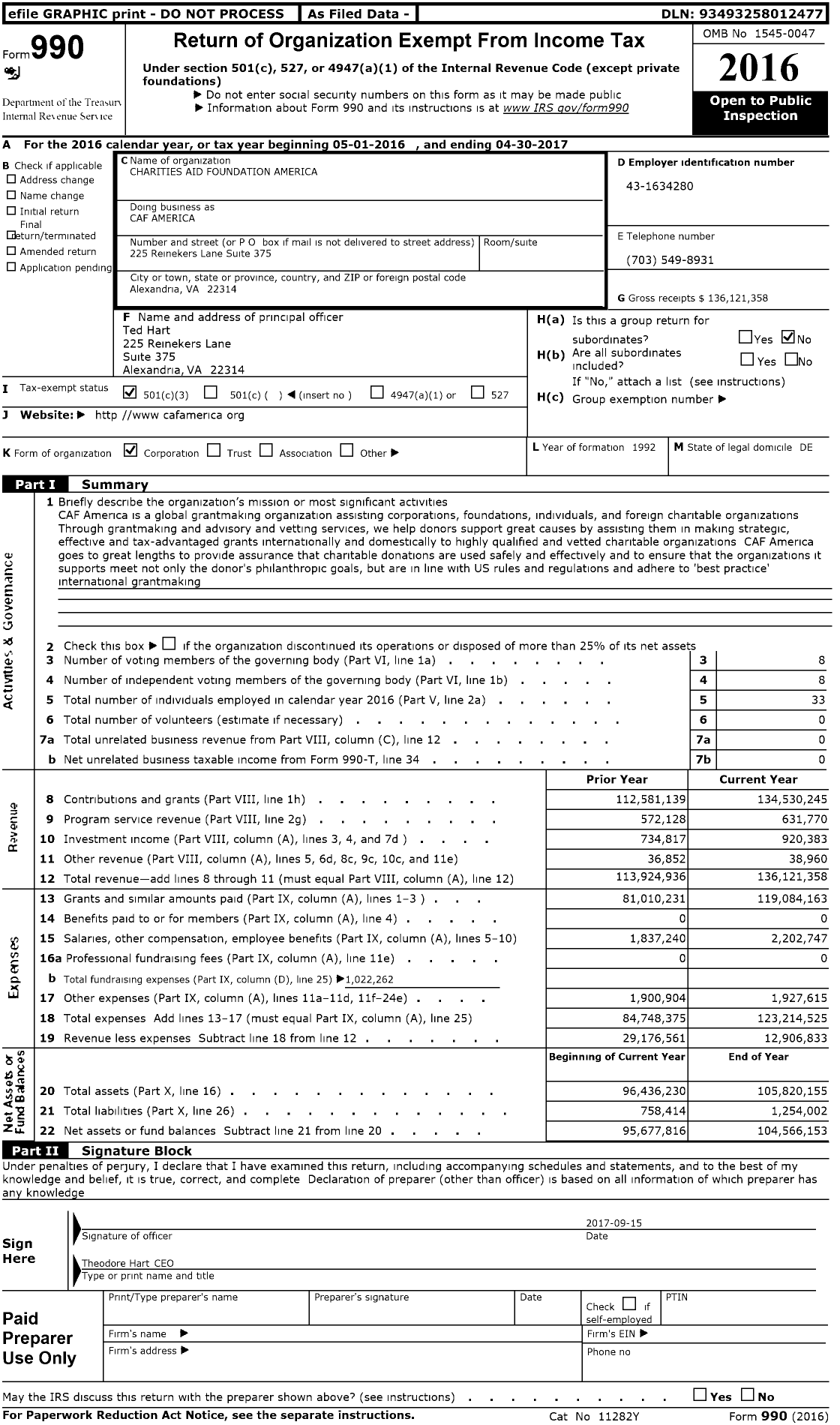 Image of first page of 2016 Form 990 for Charities Aid Foundation of America
