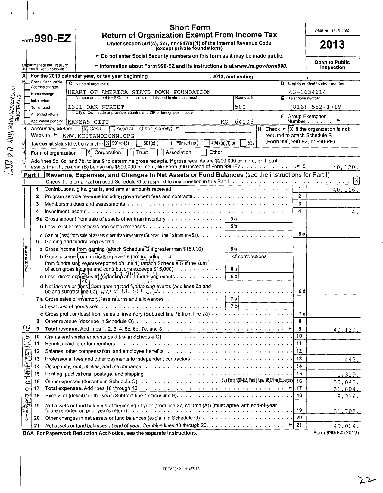 Image of first page of 2013 Form 990EZ for Heart of America Stand Down Foundation