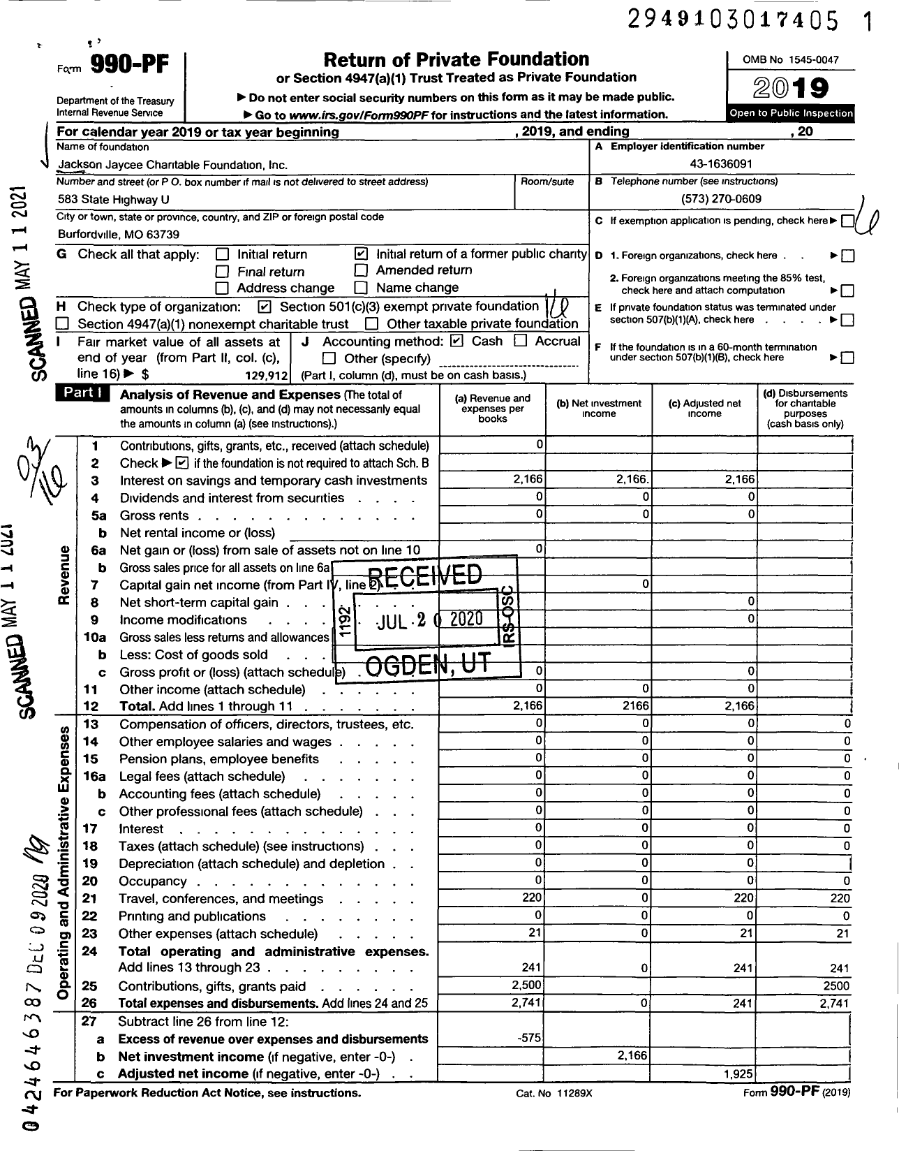 Image of first page of 2019 Form 990PF for Jackson Jaycee Charitable Foundation