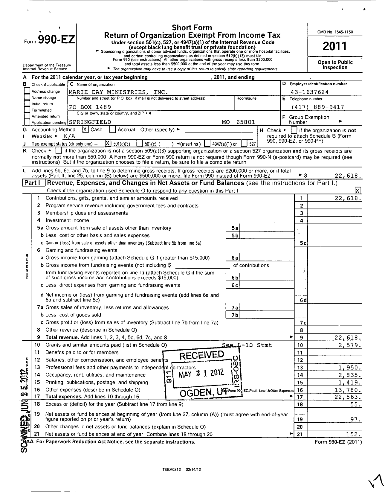 Image of first page of 2011 Form 990EZ for Marie Day Ministries