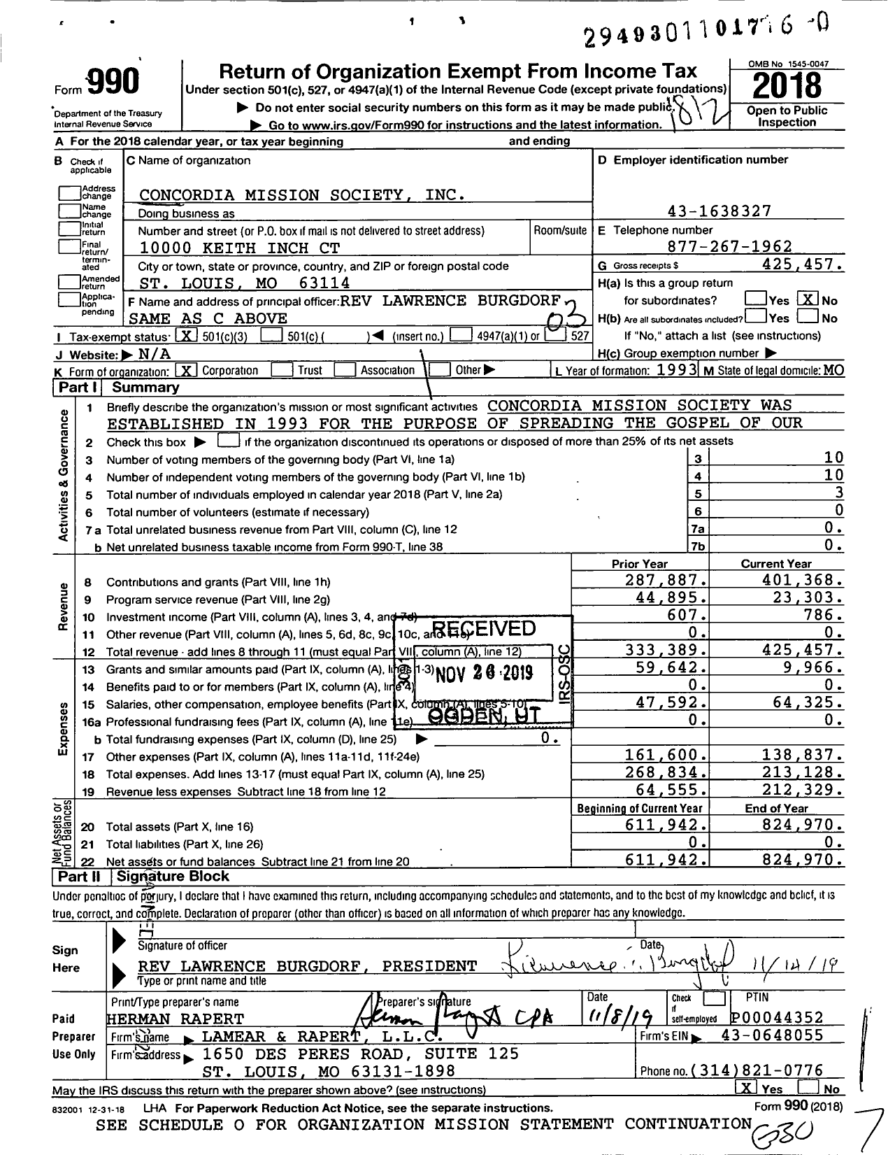 Image of first page of 2018 Form 990 for Concordia Mission Society