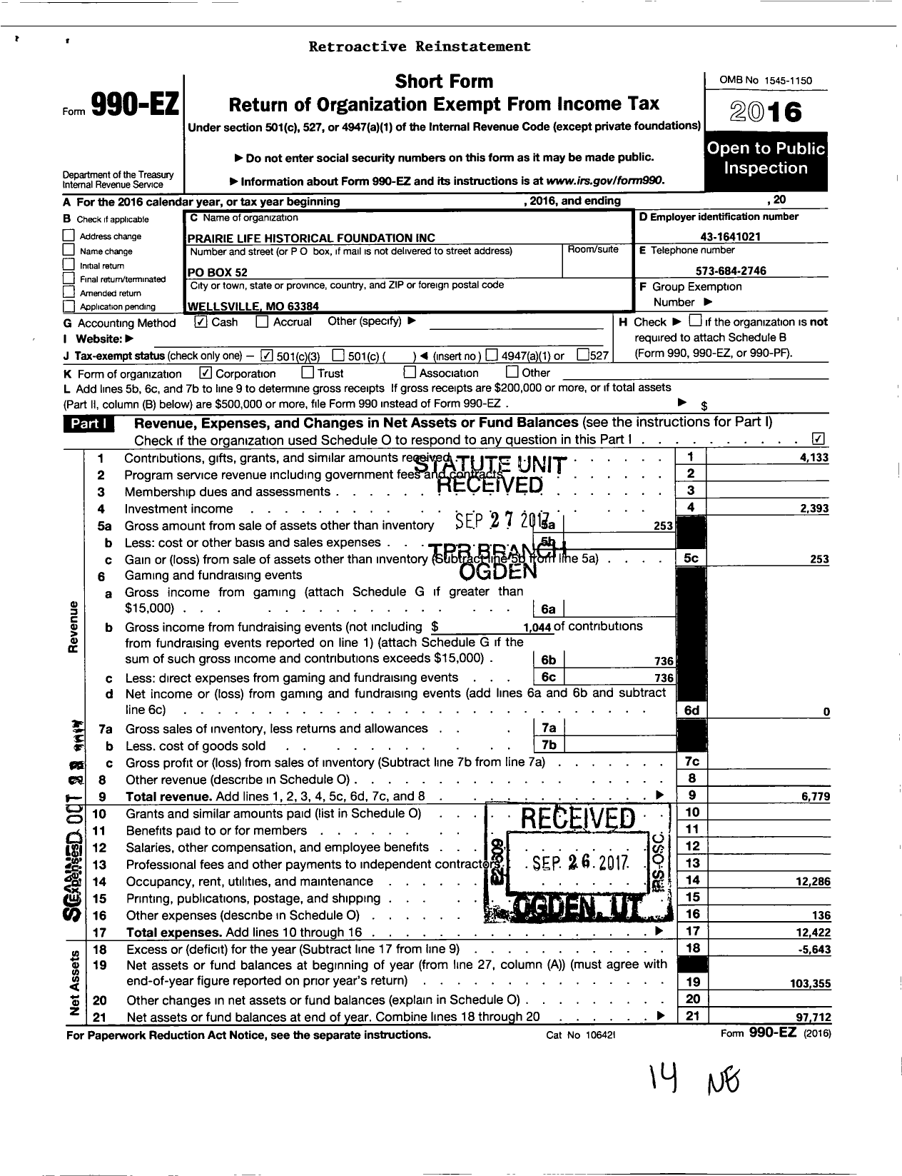 Image of first page of 2016 Form 990EZ for Prairie Life Historical Foundation