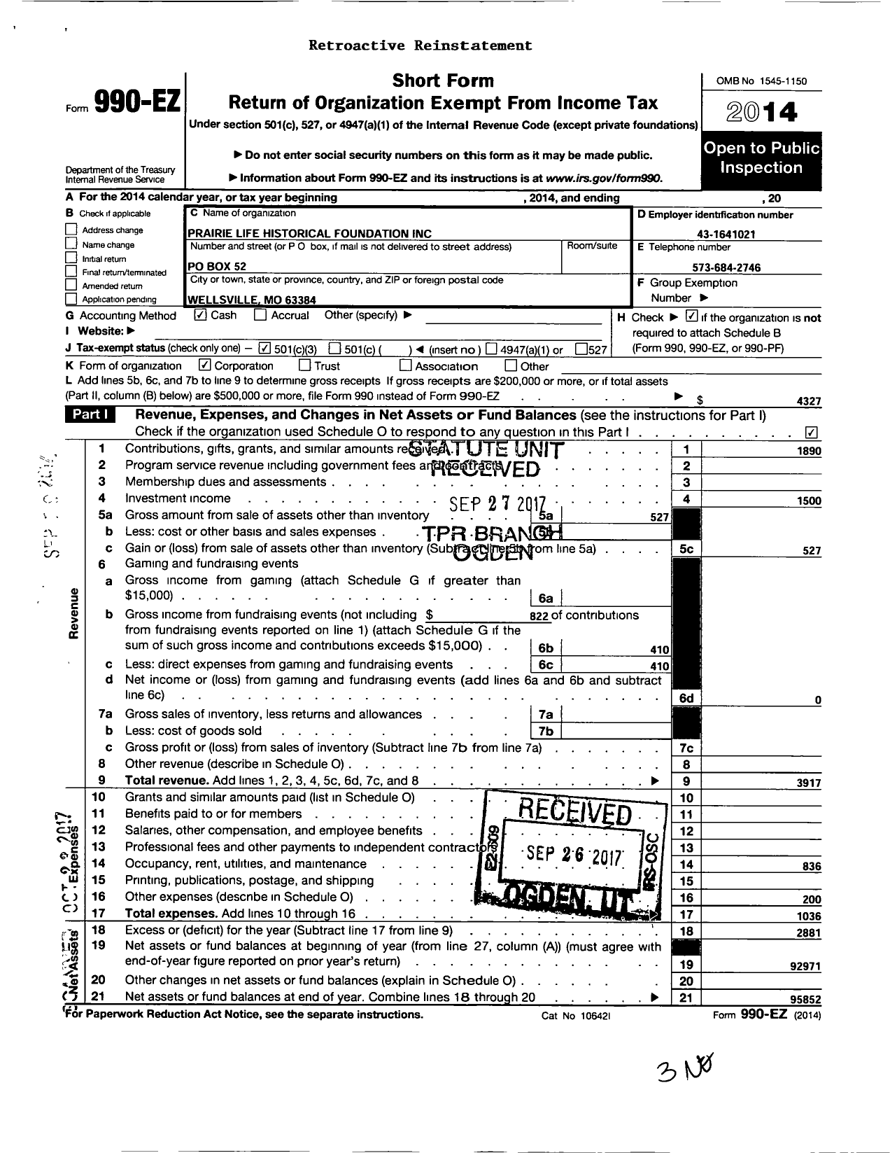 Image of first page of 2014 Form 990EZ for Prairie Life Historical Foundation