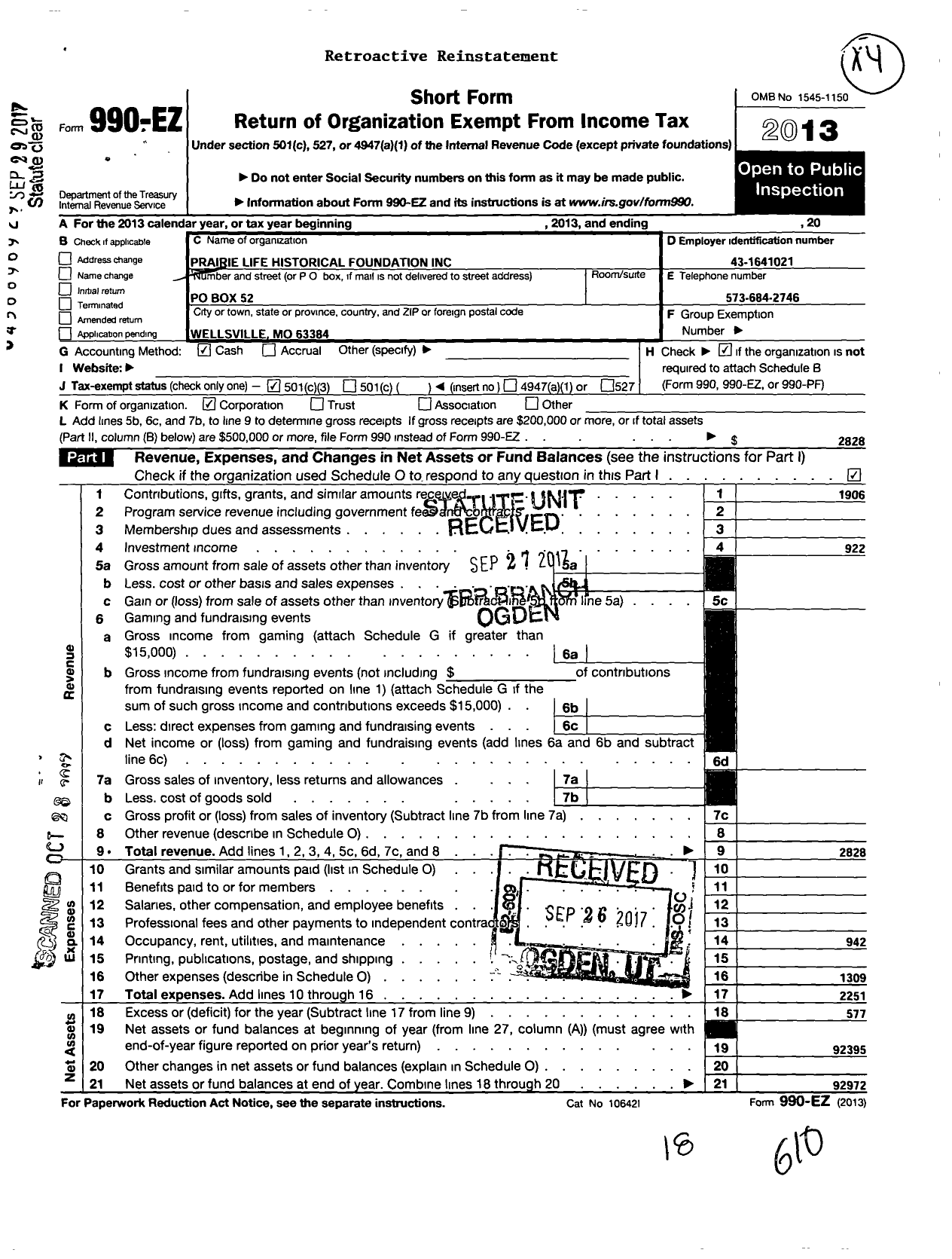 Image of first page of 2013 Form 990EZ for Prairie Life Historical Foundation