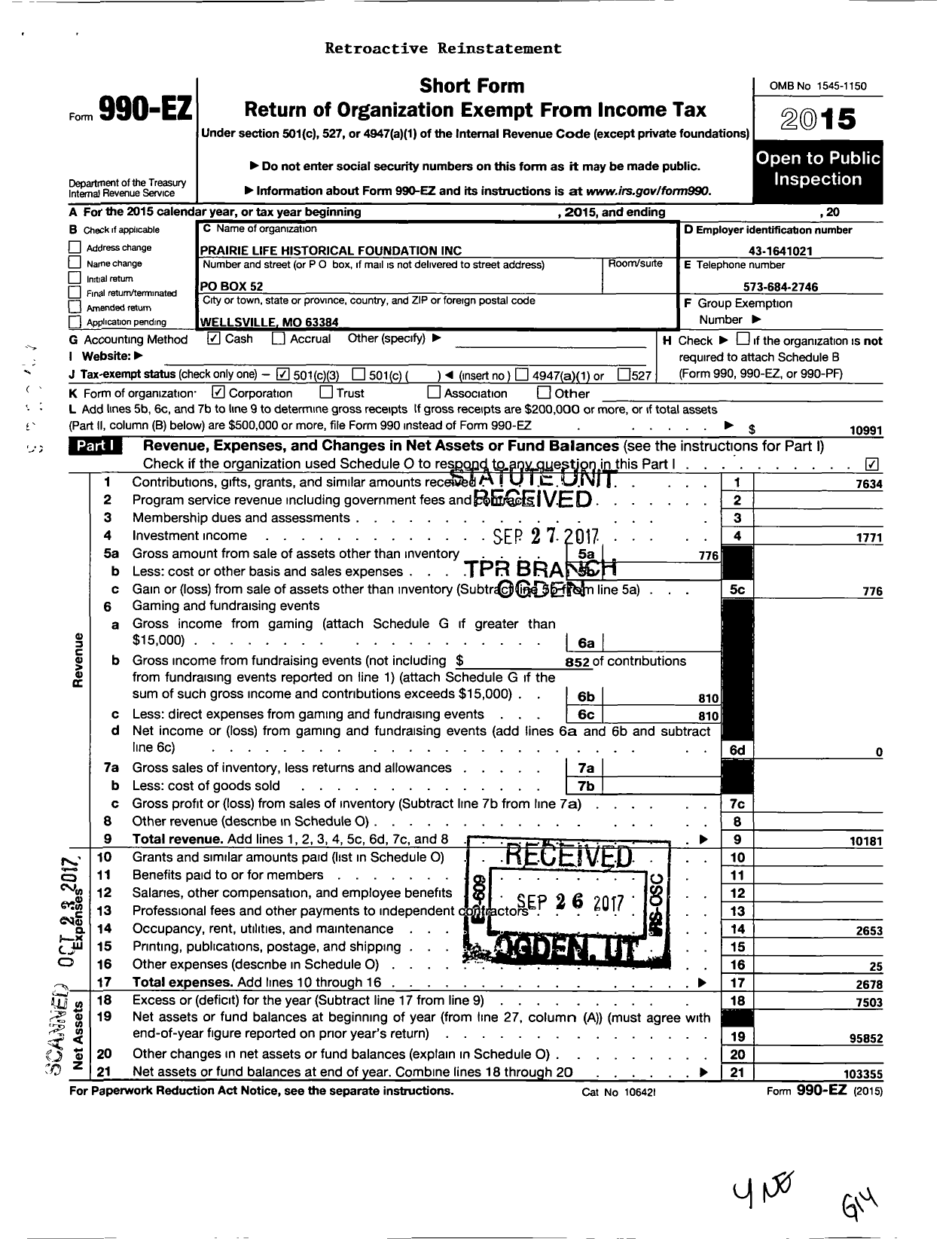 Image of first page of 2015 Form 990EZ for Prairie Life Historical Foundation