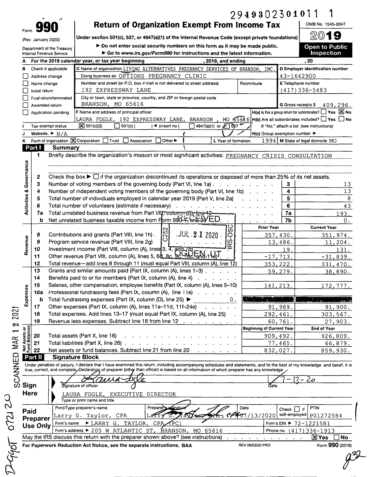 Image of first page of 2019 Form 990 for Options Pregnancy Clinic / Living Alternatives Pregnancy Services of Branson Inc