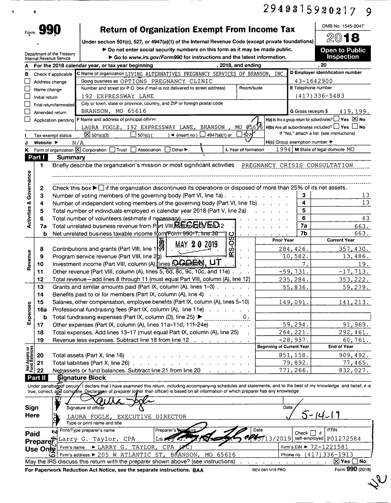 Image of first page of 2018 Form 990 for Options Pregnancy Clinic / Living Alternatives Pregnancy Services of Branson Inc