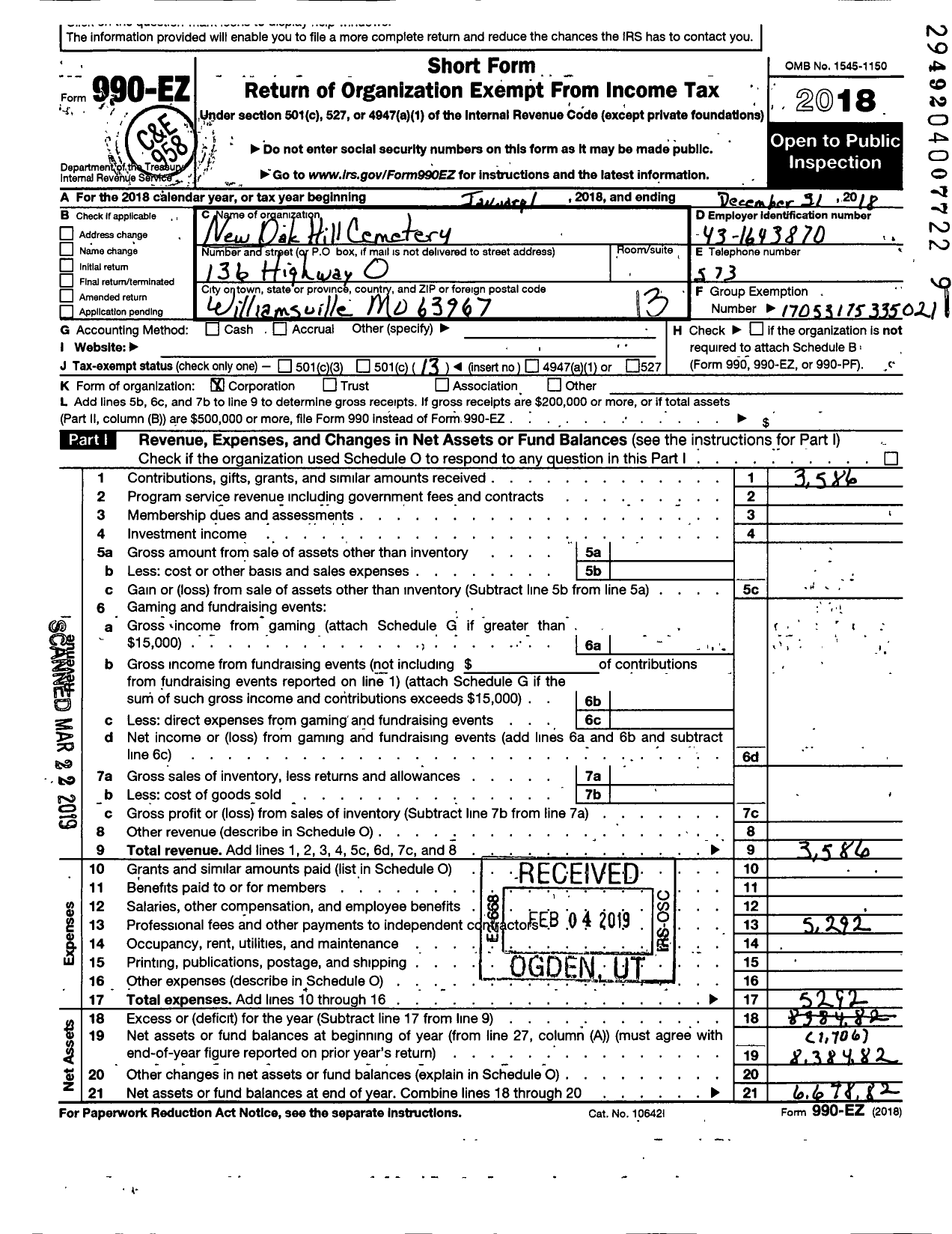 Image of first page of 2018 Form 990EO for New Oak Hill Cemetery