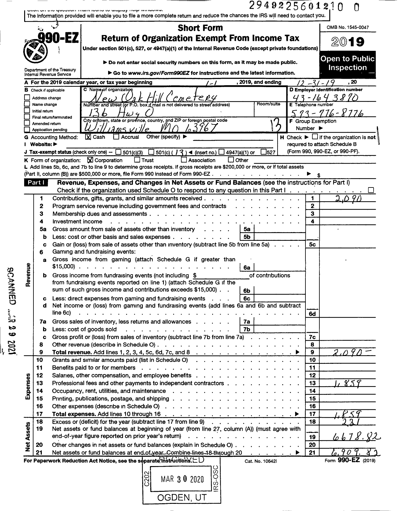 Image of first page of 2019 Form 990EO for New Oak Hill Cemetery