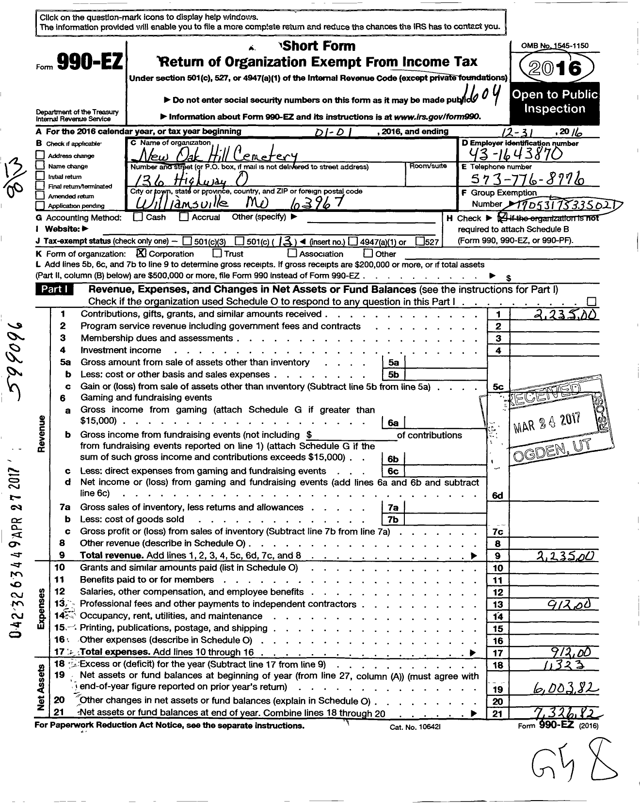 Image of first page of 2016 Form 990EO for New Oak Hill Cemetery