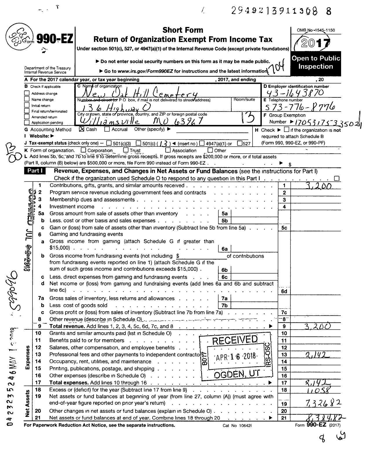 Image of first page of 2016 Form 990EO for New Oak Hill Cemetery