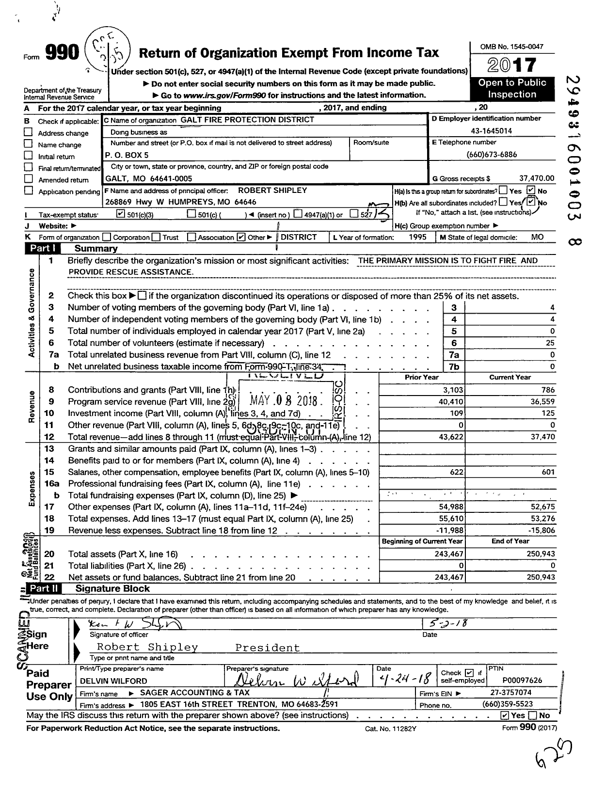 Image of first page of 2017 Form 990 for Galt Fire Protection District