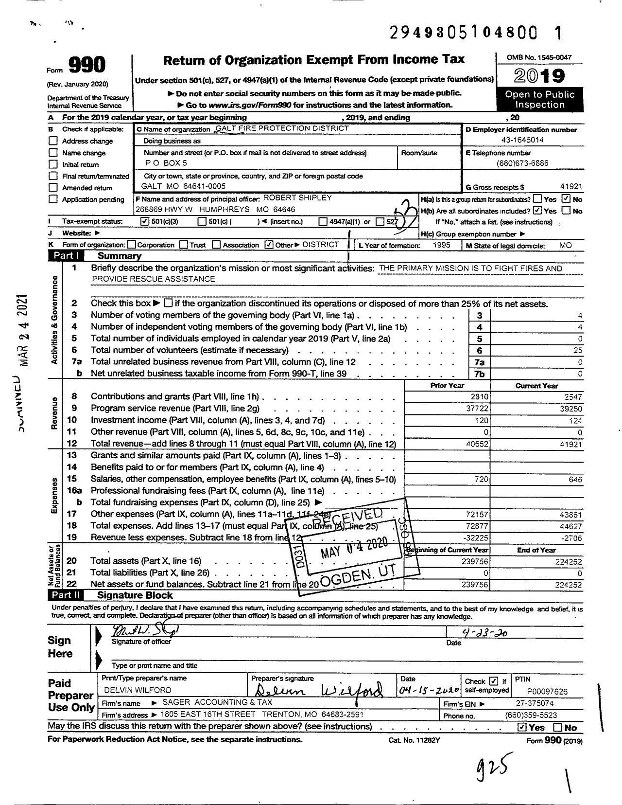 Image of first page of 2019 Form 990 for Galt Fire Protection District