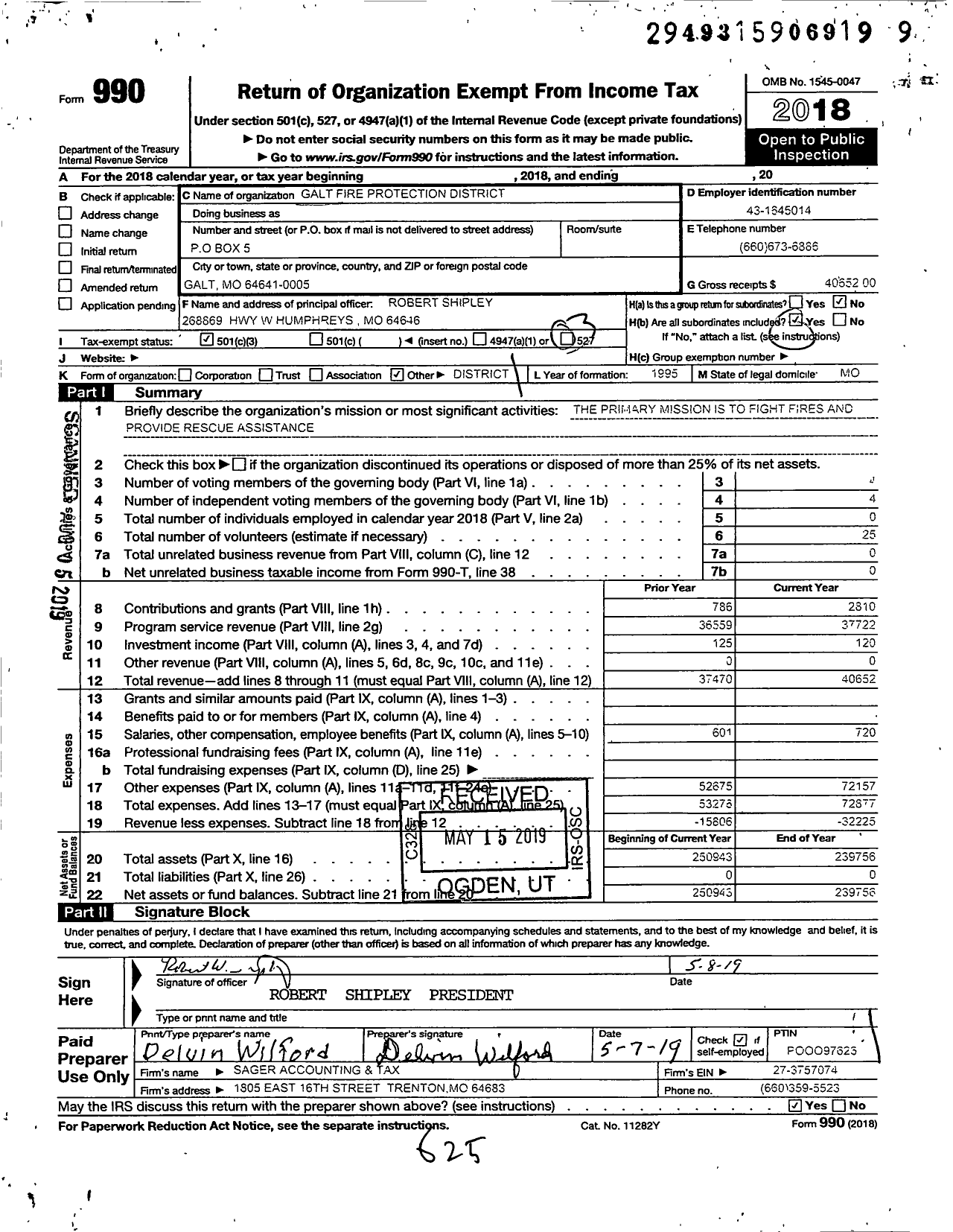 Image of first page of 2018 Form 990 for Galt Fire Protection District