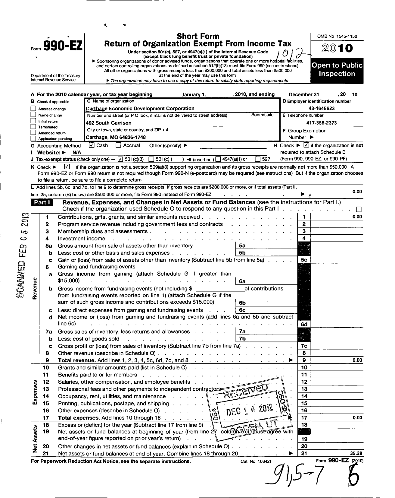 Image of first page of 2010 Form 990EZ for Carthage Economic Development Corporation