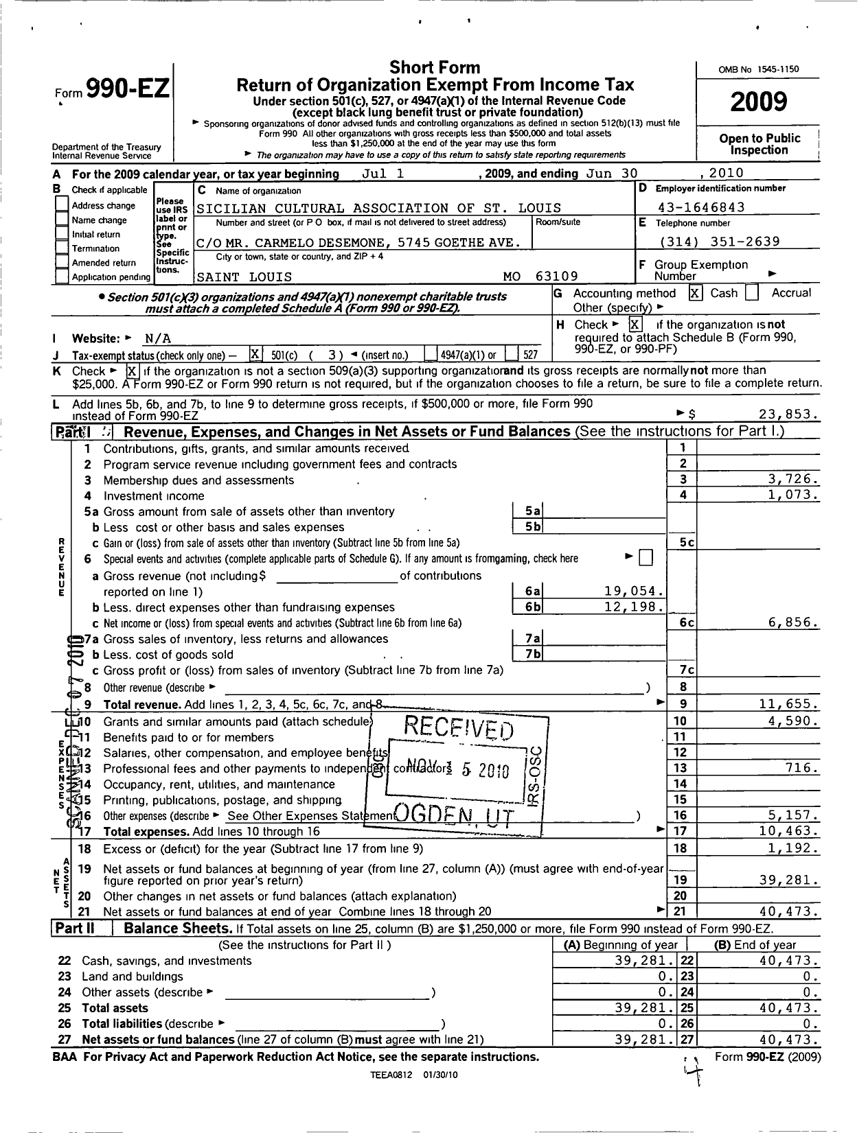 Image of first page of 2009 Form 990EZ for Sicilian Cultural Association of St Louis