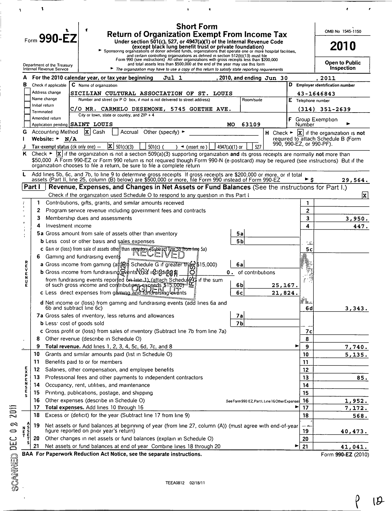 Image of first page of 2010 Form 990EZ for Sicilian Cultural Association of St Louis