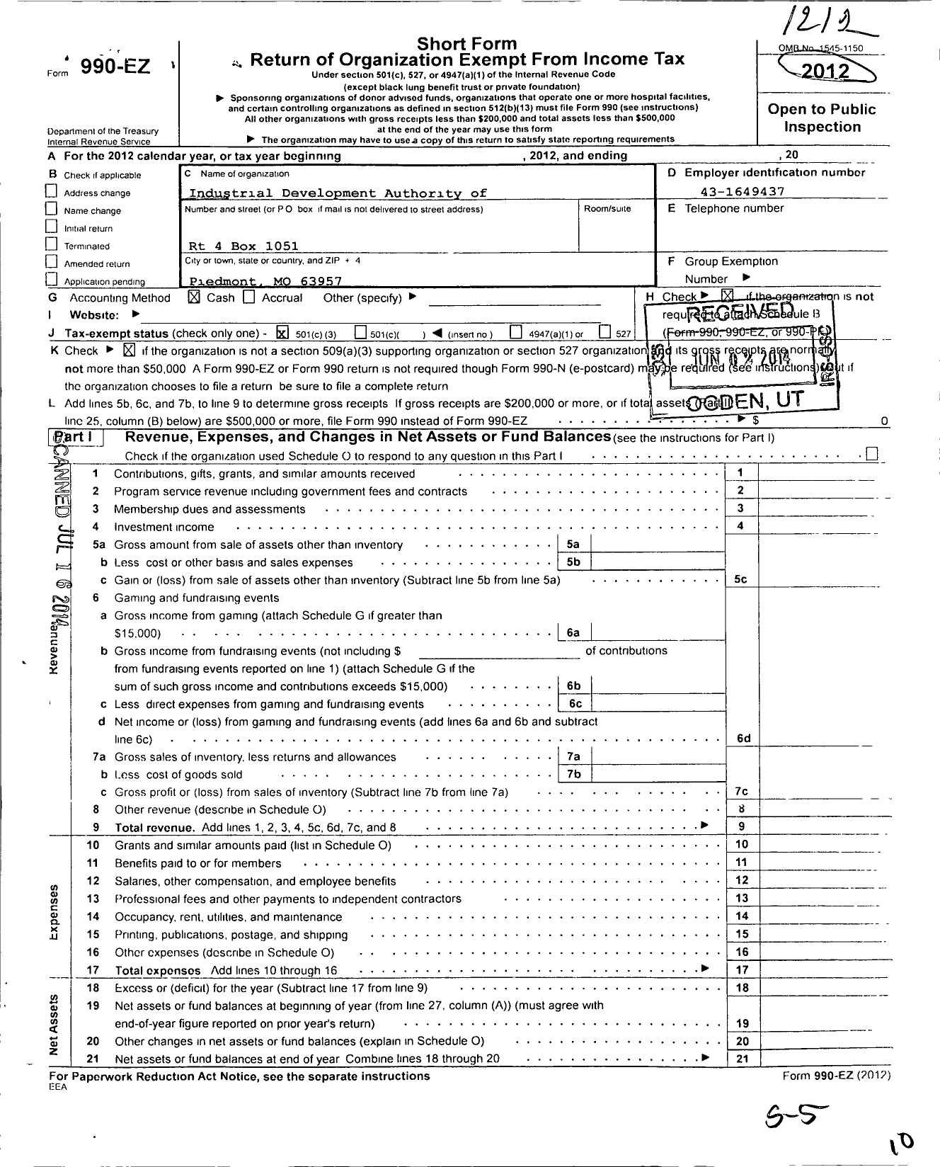 Image of first page of 2012 Form 990EZ for Industrial Development Authority of the County of Wayne Missouri