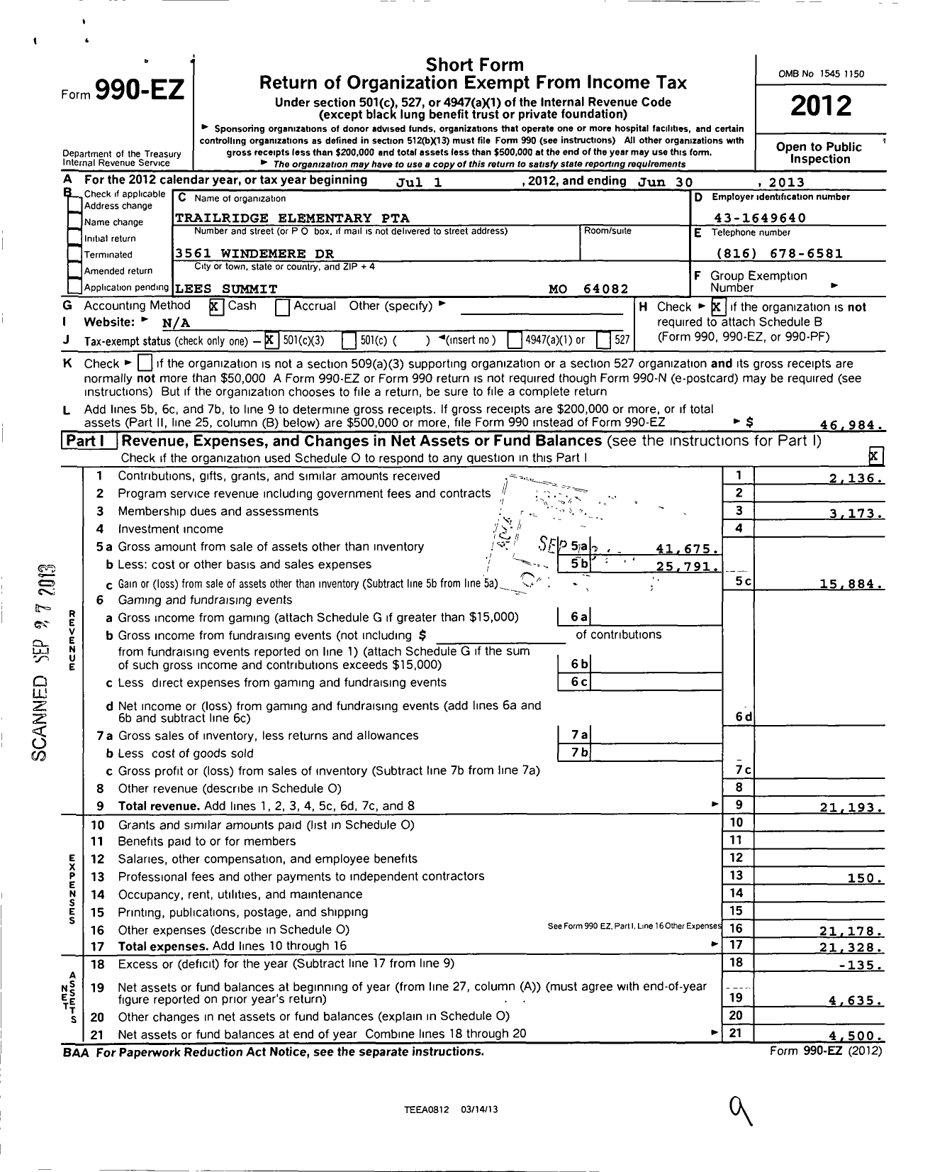 Image of first page of 2012 Form 990EZ for PTA Missouri Congress / Trailridge Elementary School PTA