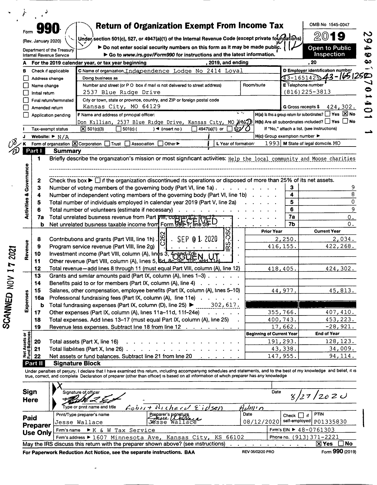 Image of first page of 2019 Form 990O for Loyal Order of Moose - Moose Lodge