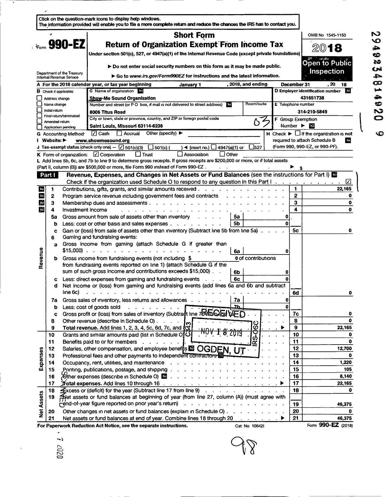 Image of first page of 2018 Form 990EZ for Show Me Sound Organization