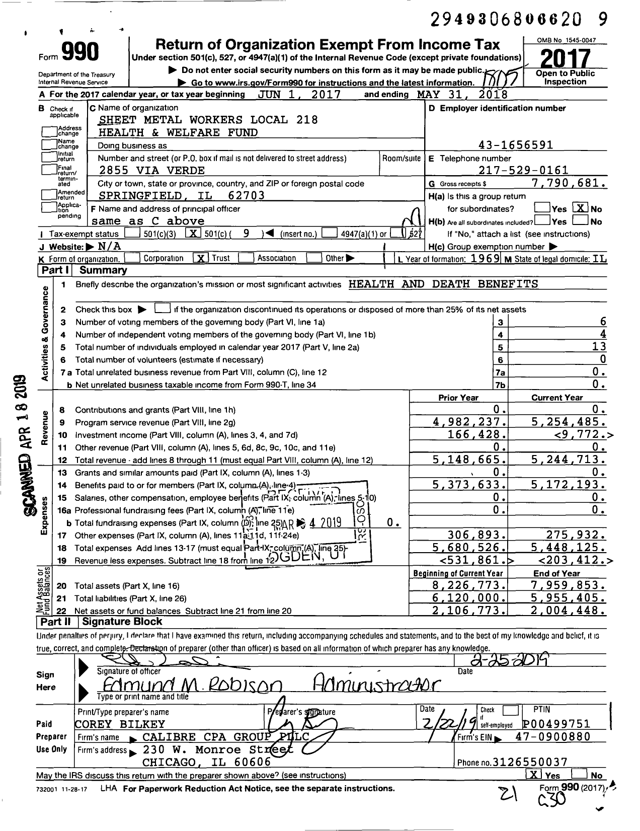 Image of first page of 2017 Form 990O for Sheet Metal Workers Local 218 Health and Welfare Fund