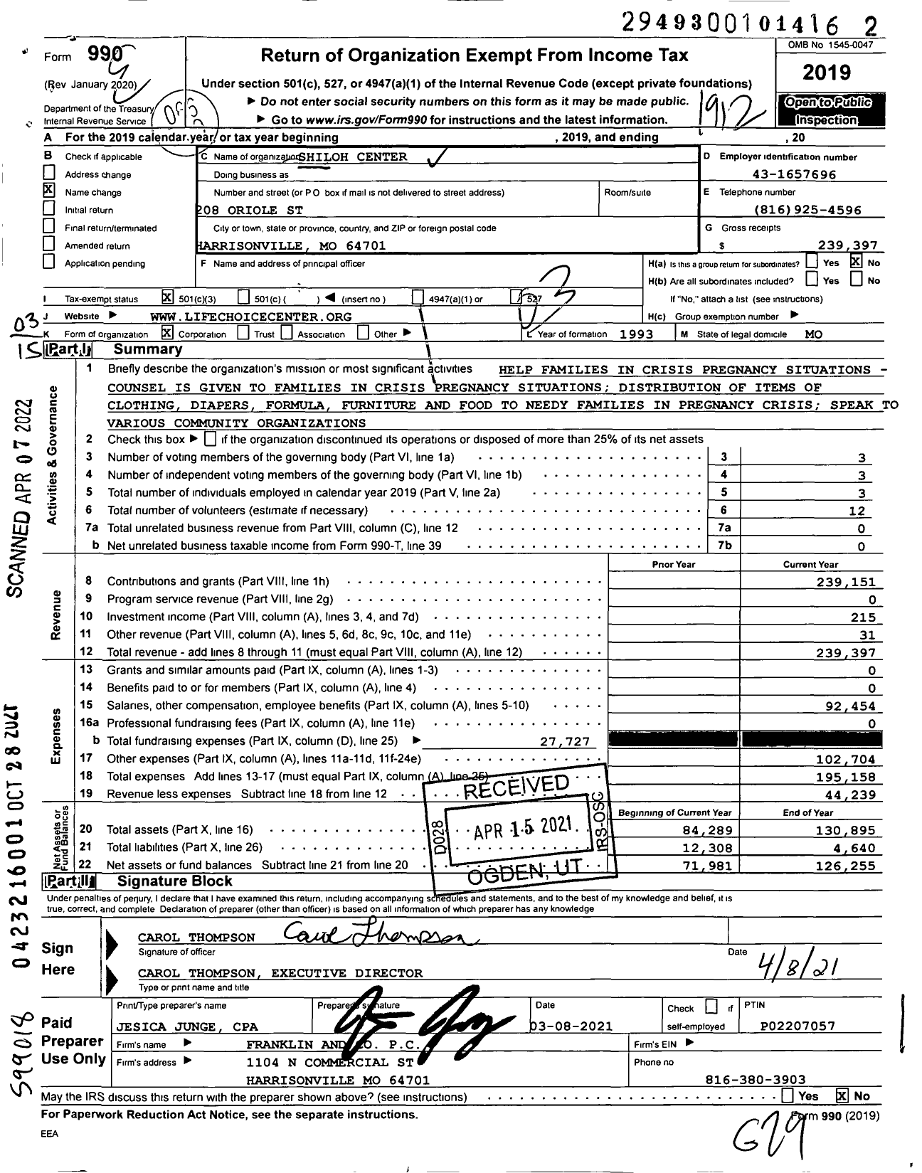 Image of first page of 2019 Form 990 for Shiloh Center