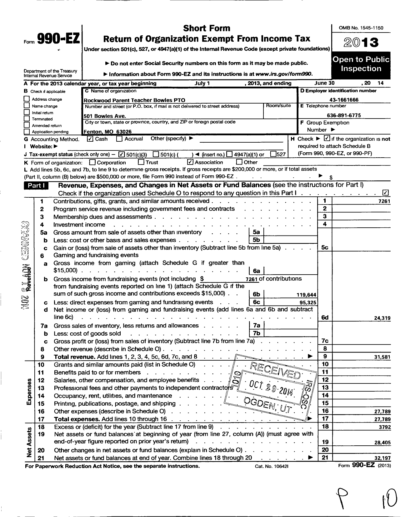 Image of first page of 2013 Form 990EZ for Rockwood Parent Teacher Organization Council