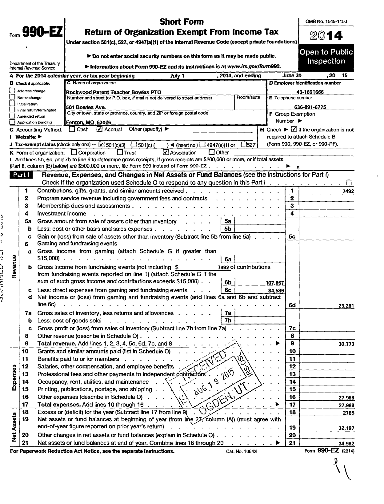 Image of first page of 2014 Form 990EZ for Rockwood Parent Teacher Organization Council