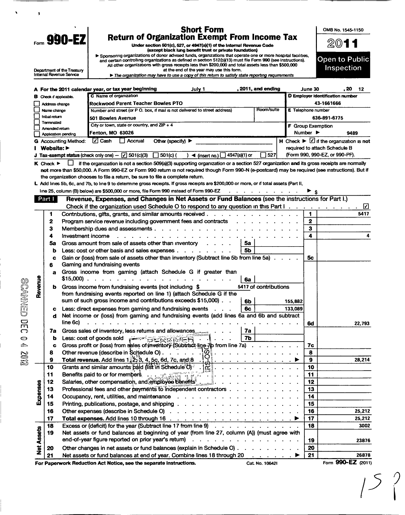 Image of first page of 2011 Form 990EZ for Rockwood Parent Teacher Organization Council