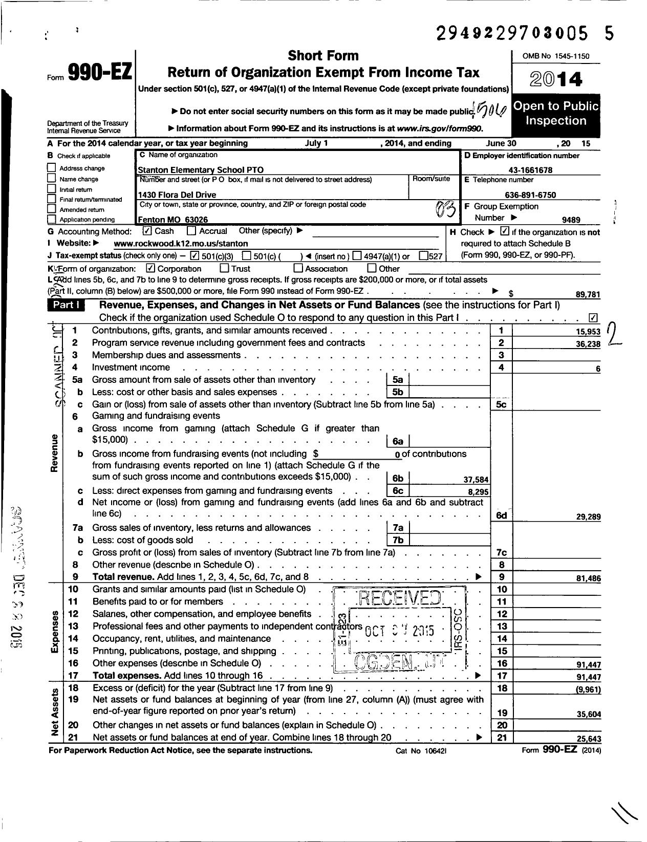 Image of first page of 2014 Form 990EZ for Rockwood Parent Teacher Organization Council / Stanton Elementary School Pto