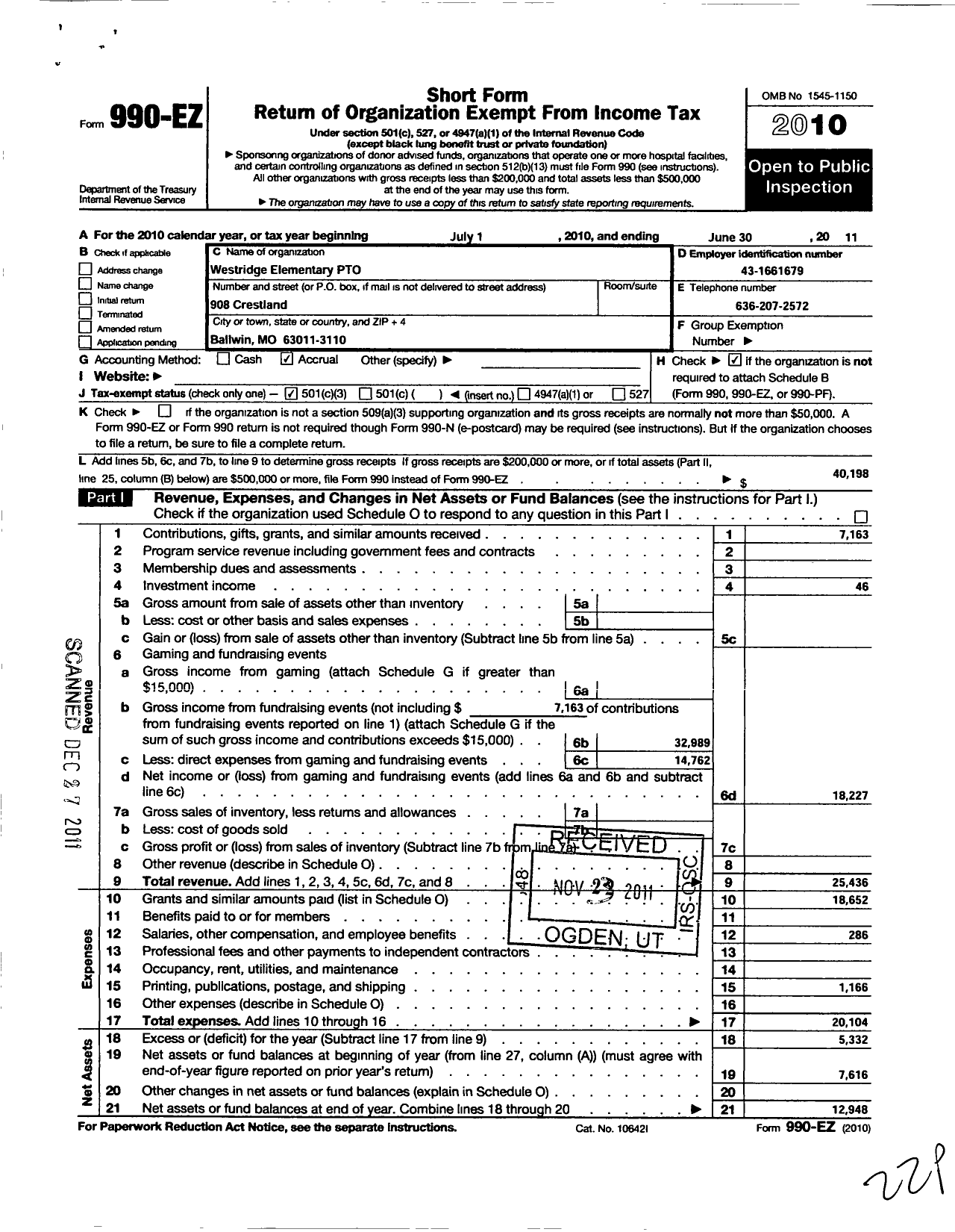 Image of first page of 2010 Form 990EZ for Rockwood Parent Teacher Organization Council / Westridge Elementary