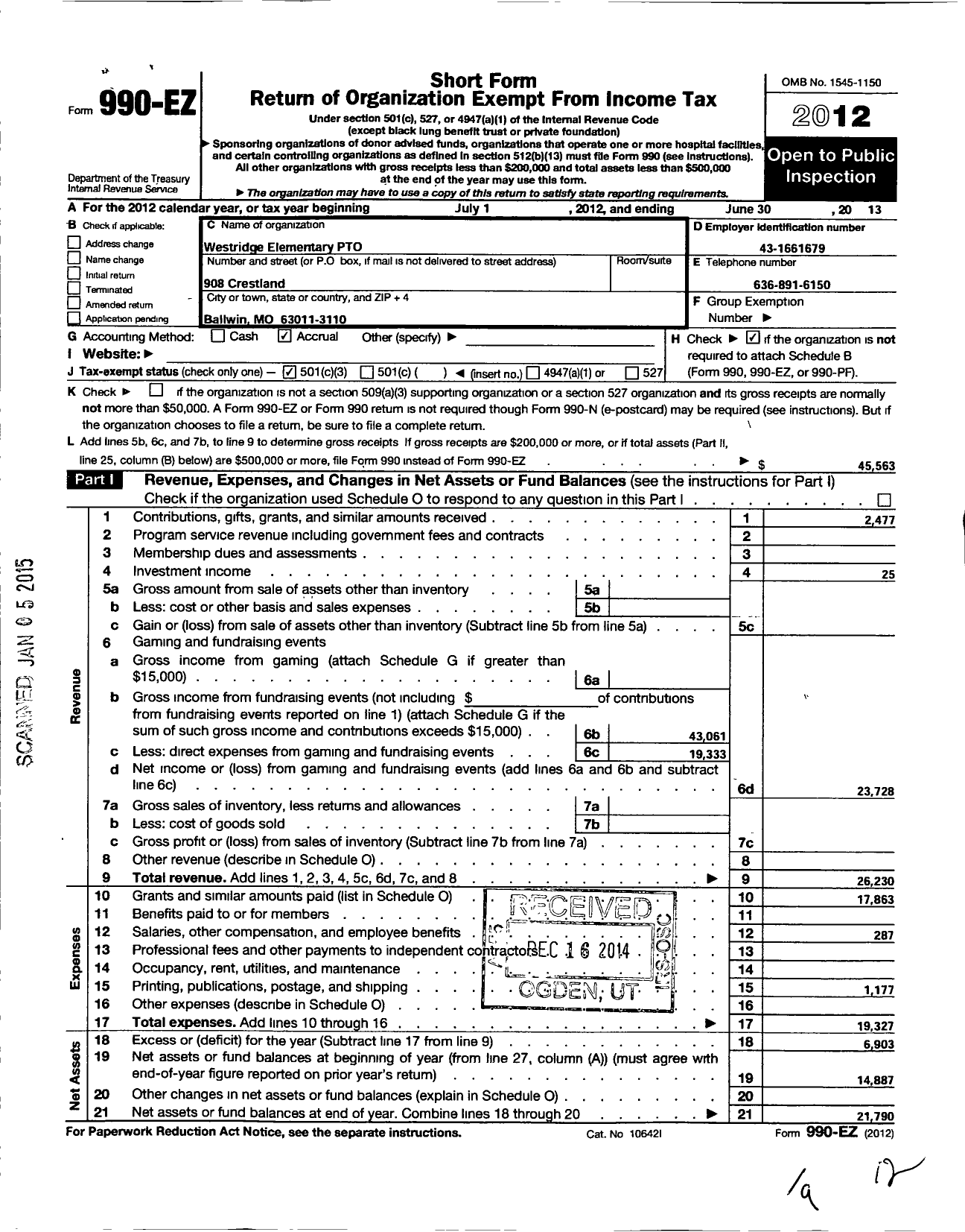 Image of first page of 2012 Form 990EZ for Rockwood Parent Teacher Organization Council / Westridge Elementary