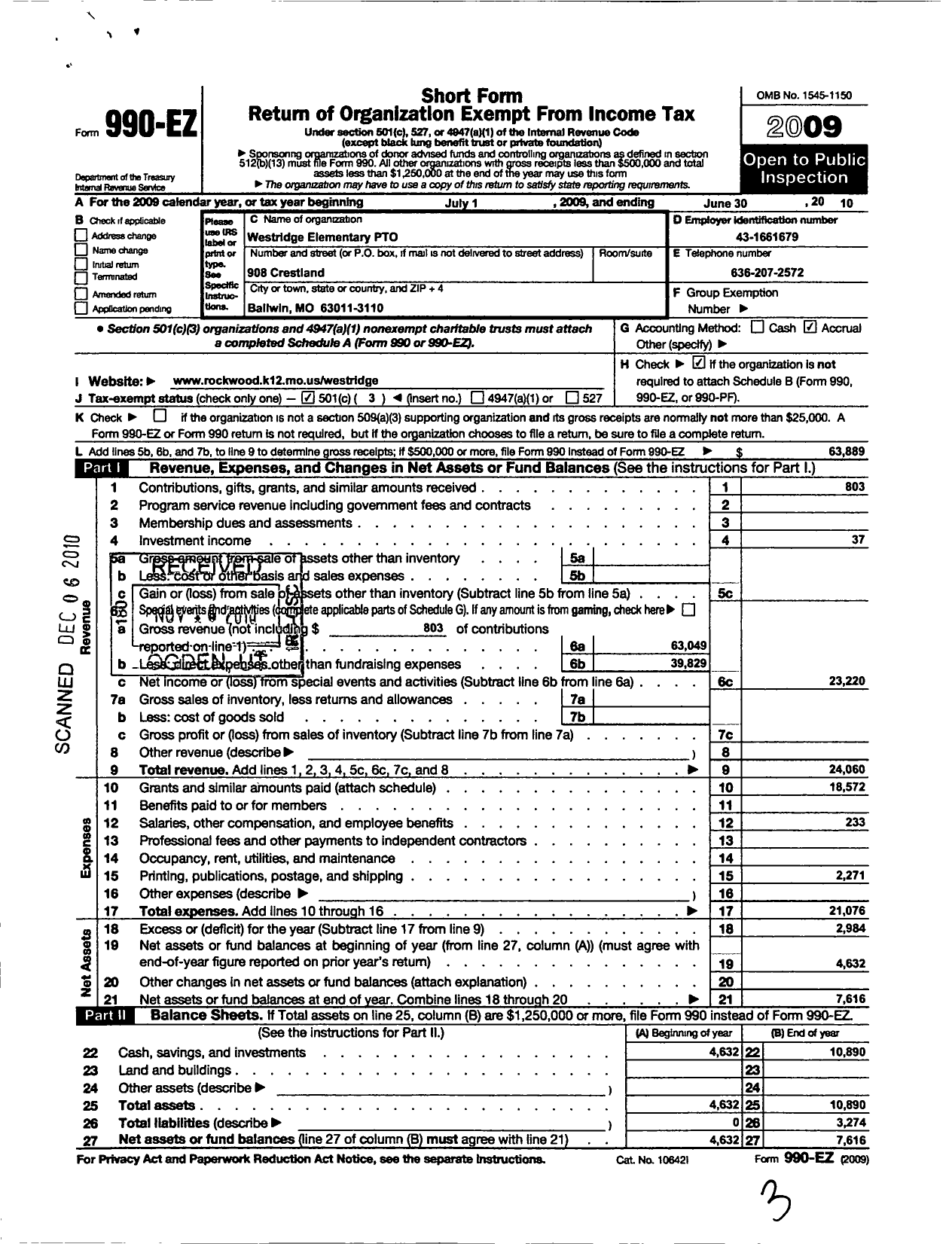 Image of first page of 2009 Form 990EZ for Rockwood Parent Teacher Organization Council / Westridge Elementary