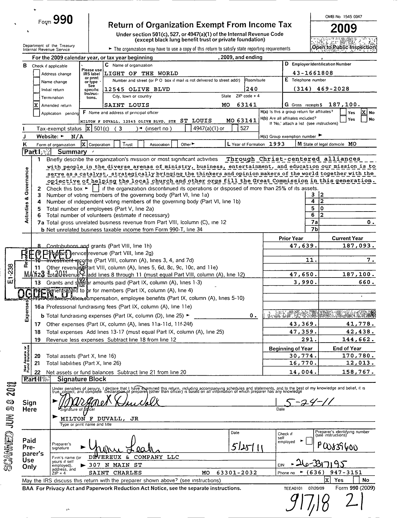 Image of first page of 2009 Form 990 for Light of the World