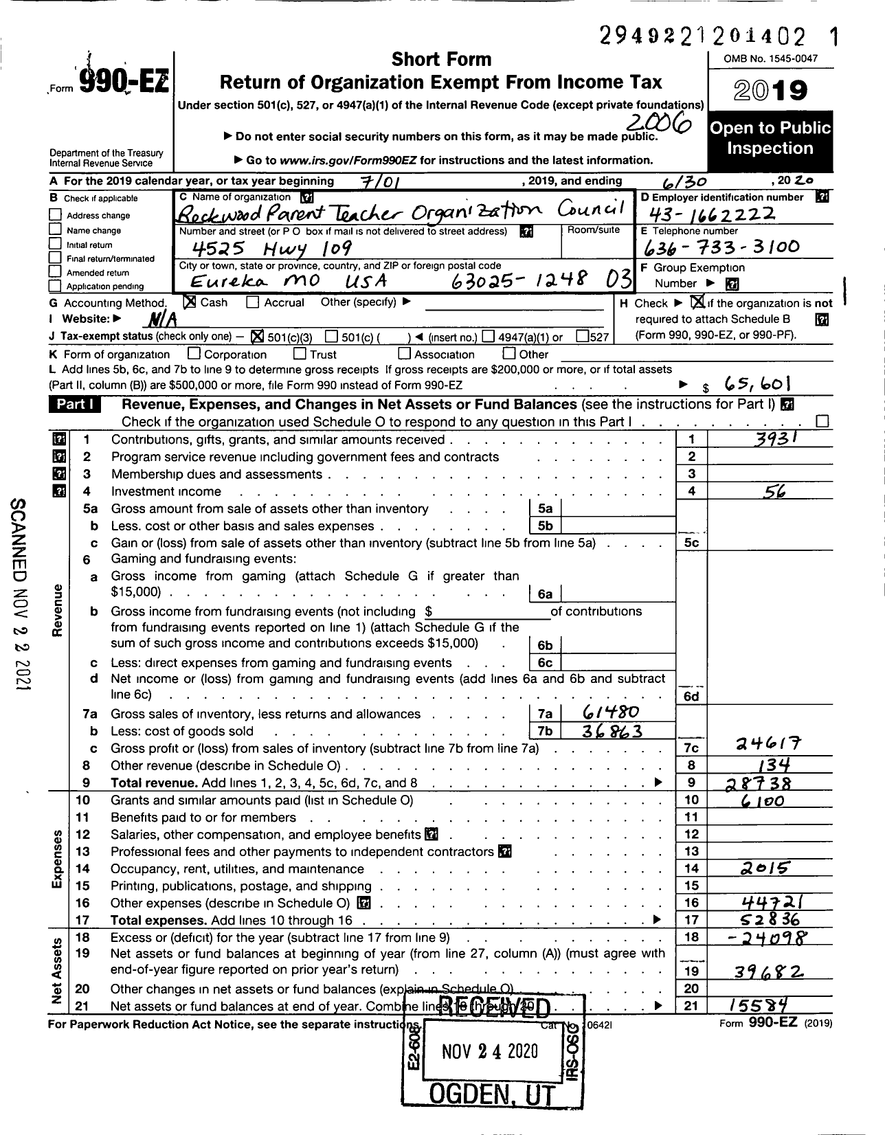 Image of first page of 2019 Form 990EZ for Rockwood Parent Teacher Organization Council / Eureka HS Parents Club