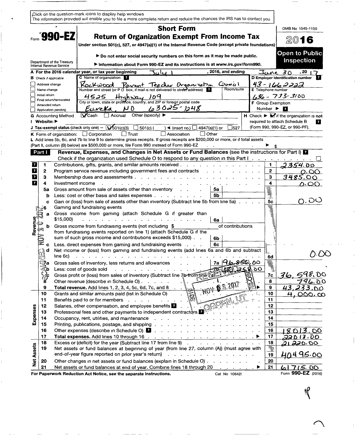 Image of first page of 2016 Form 990EZ for Rockwood Parent Teacher Organization Council / Eureka HS Parents Club