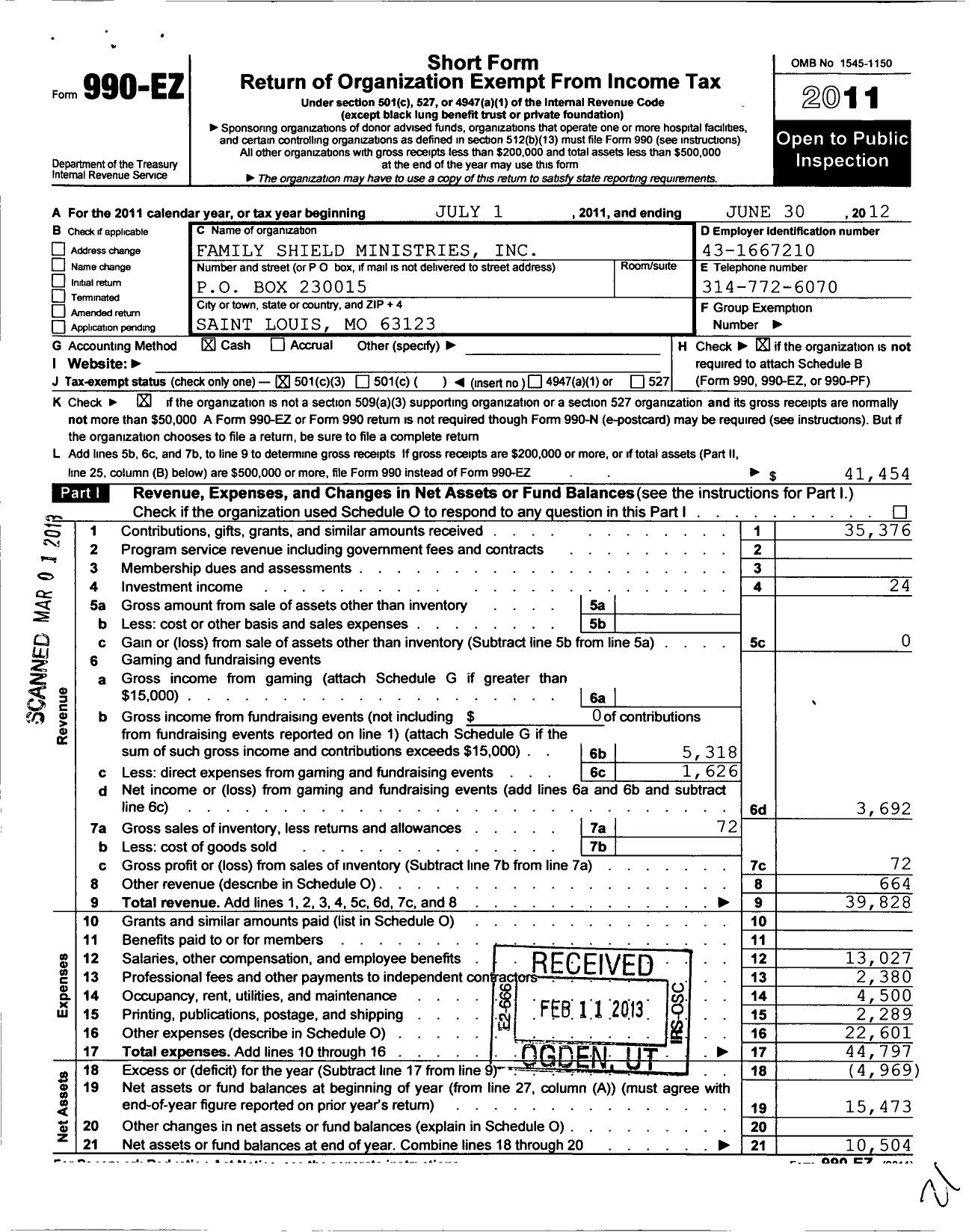 Image of first page of 2011 Form 990EZ for Family Shield Ministries