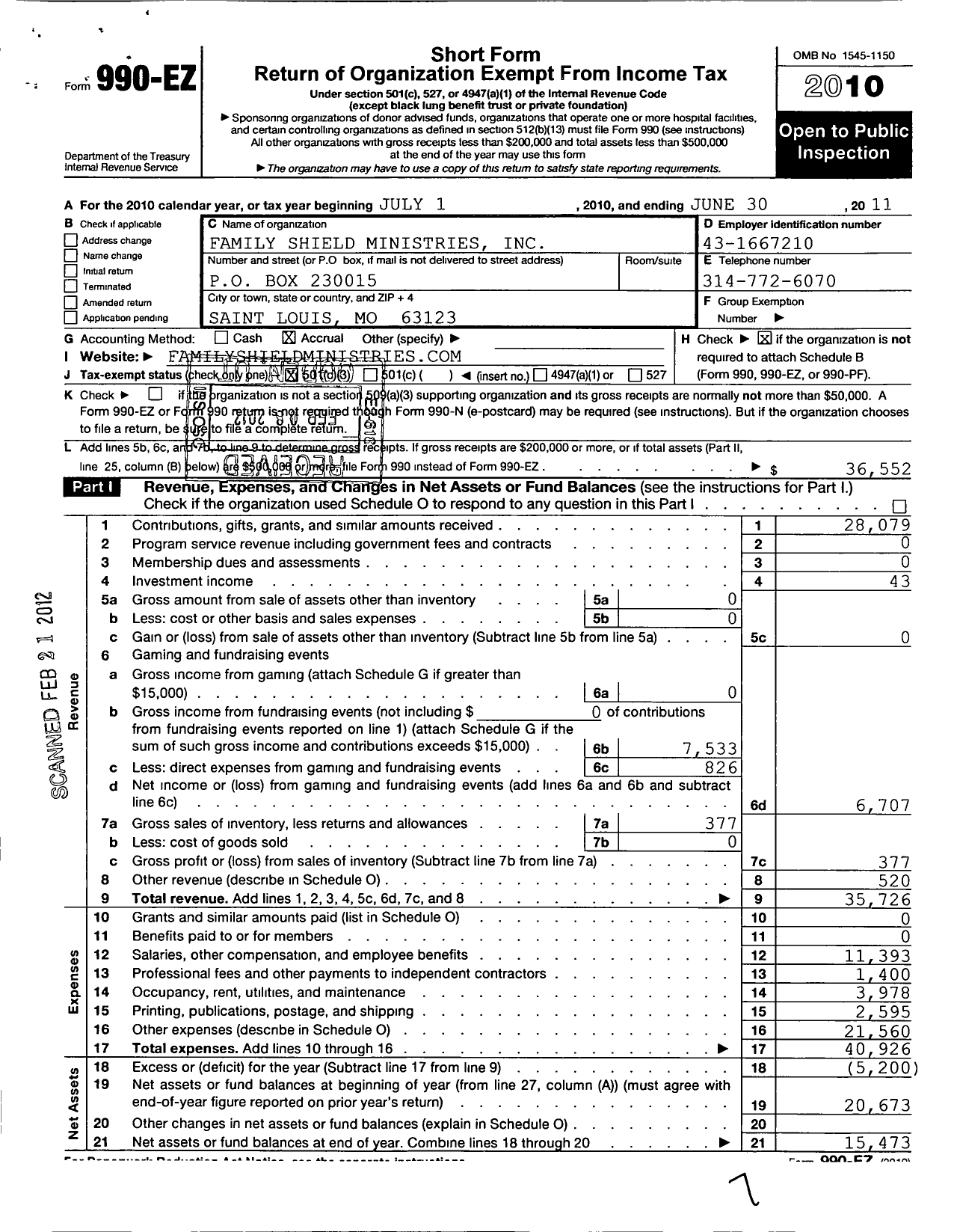 Image of first page of 2010 Form 990EZ for Family Shield Ministries