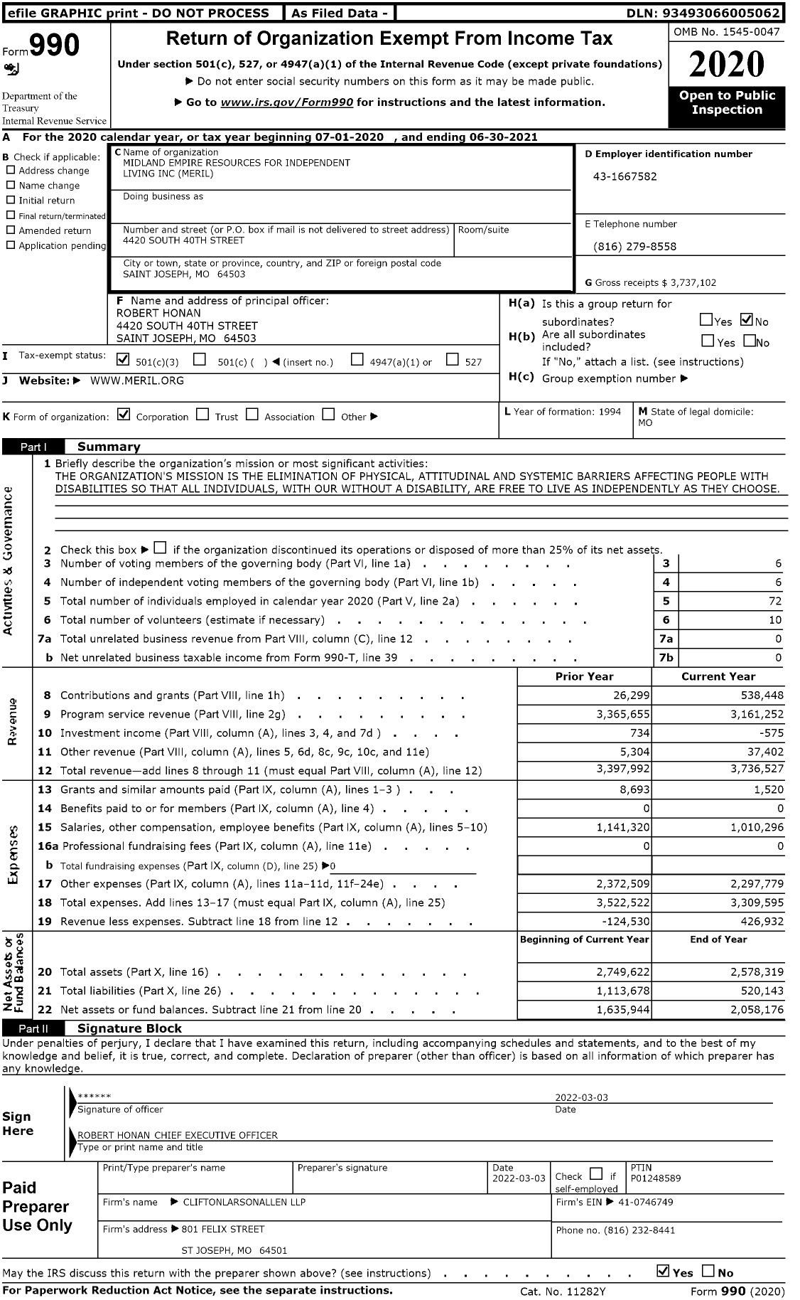Image of first page of 2020 Form 990 for Midland Empire Resources for Independent Living (MERIL)