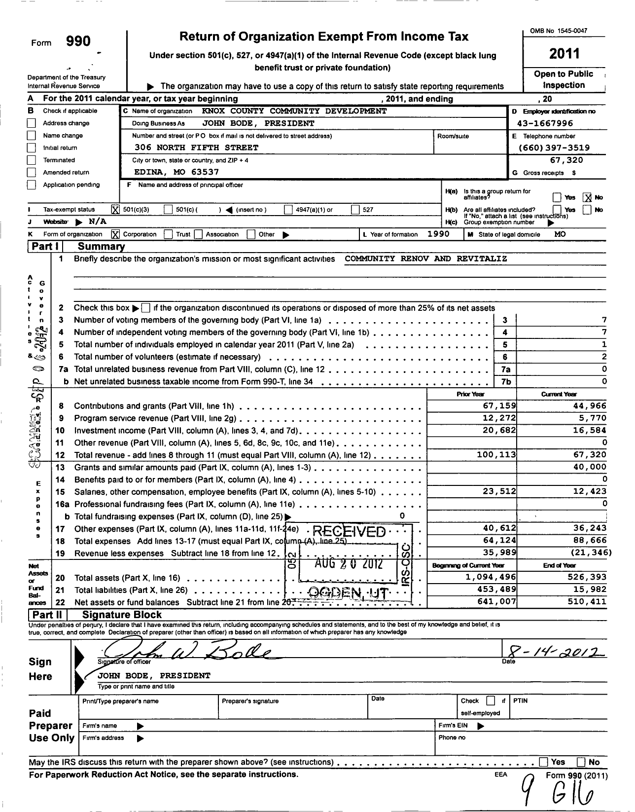 Image of first page of 2011 Form 990 for Knox County Community Development Corporation