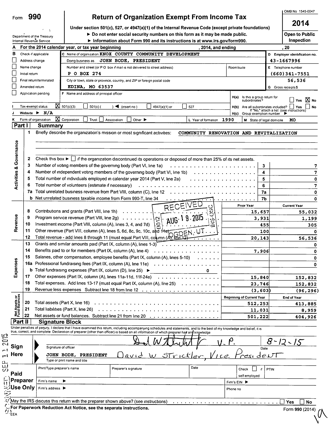 Image of first page of 2014 Form 990 for Knox County Community Development Corporation