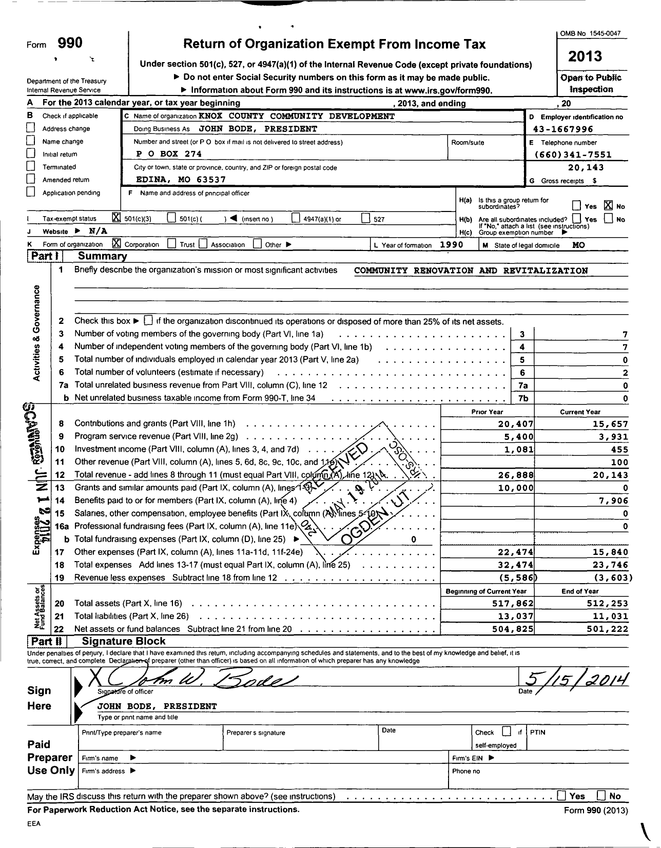 Image of first page of 2013 Form 990 for Knox County Community Development Corporation