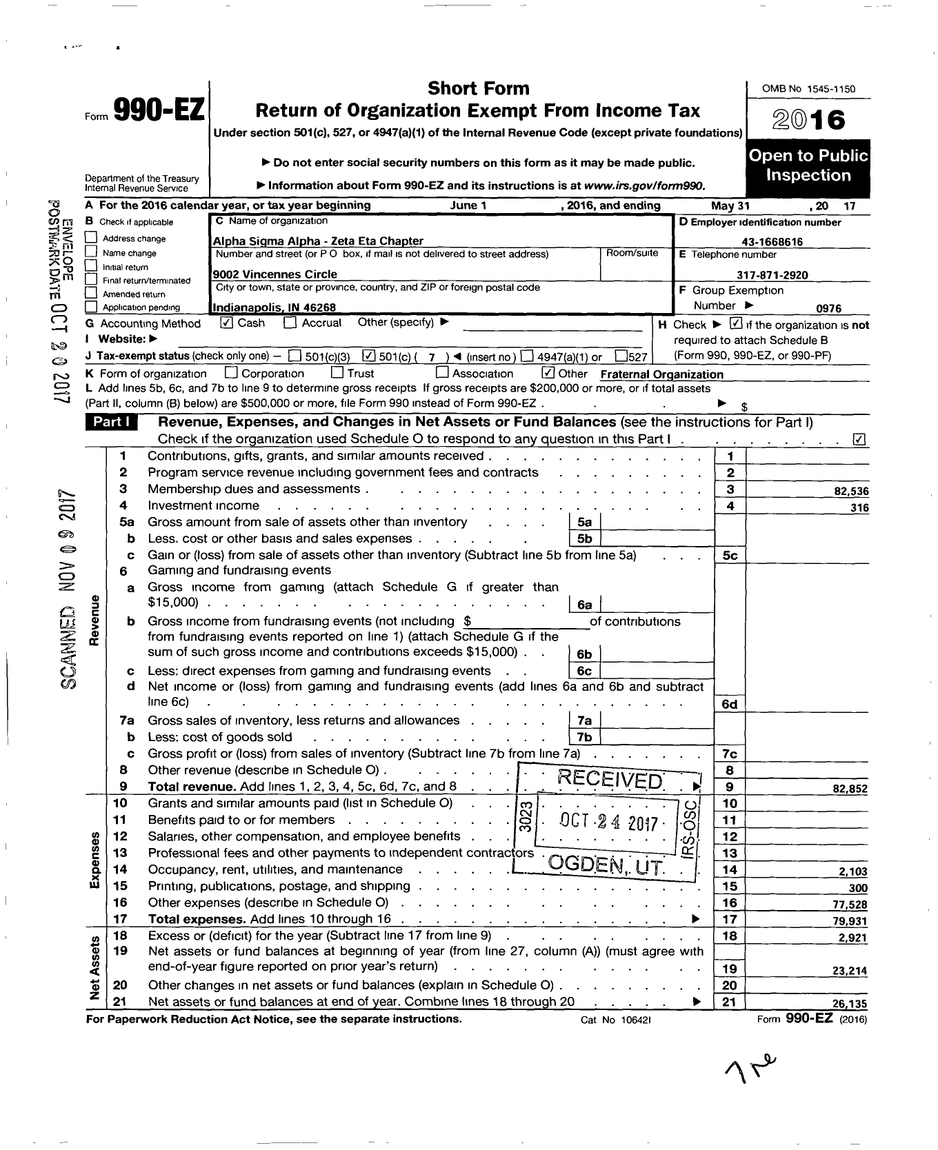 Image of first page of 2016 Form 990EO for ALPHA SIGMA ALPHA SORORITY Zeta Eta Chapter